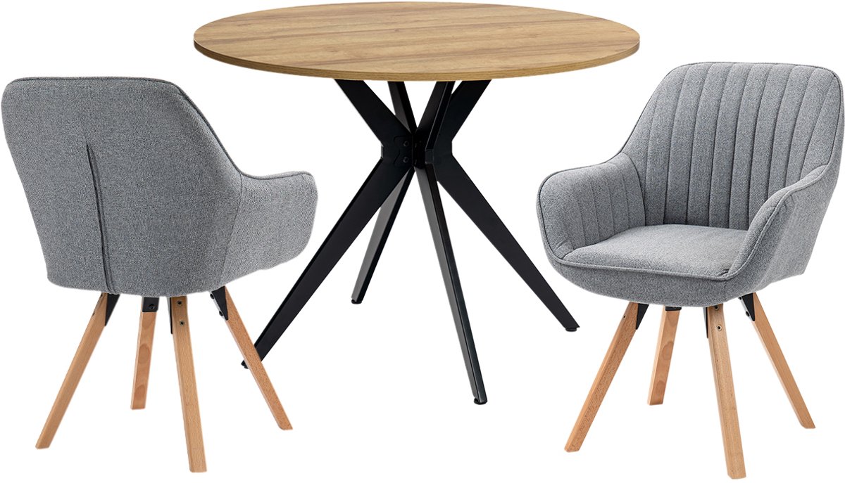 Eethoek - Ronde Eikenlook Tafel En 2 Houten Draaistoelen - Grijs