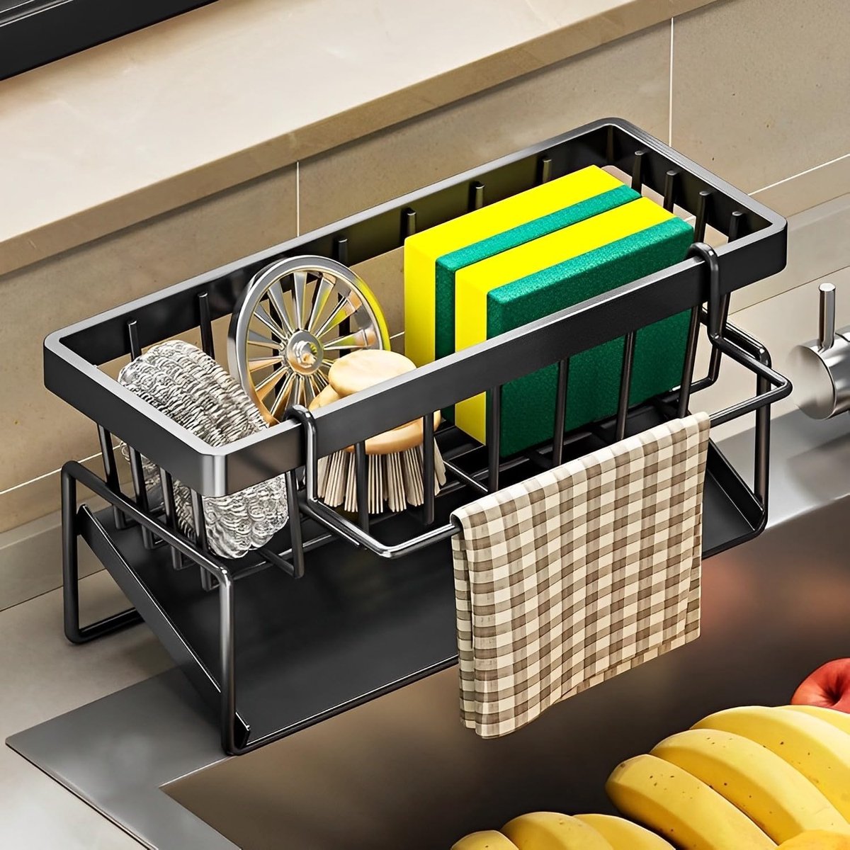 SnelShoppen - Caddy voor Keukenaanrecht, Roestvrijstalen Handdoekhouder met Afwasmachinehouder, Voor Opslag van Keuken en Badkamer Items (Laag)