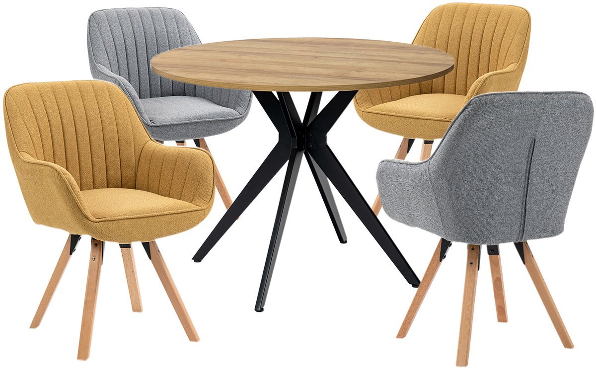 Eethoek - Ronde Eikenlook Tafel En 4 Houten Draaistoelen - Grijs/Geel