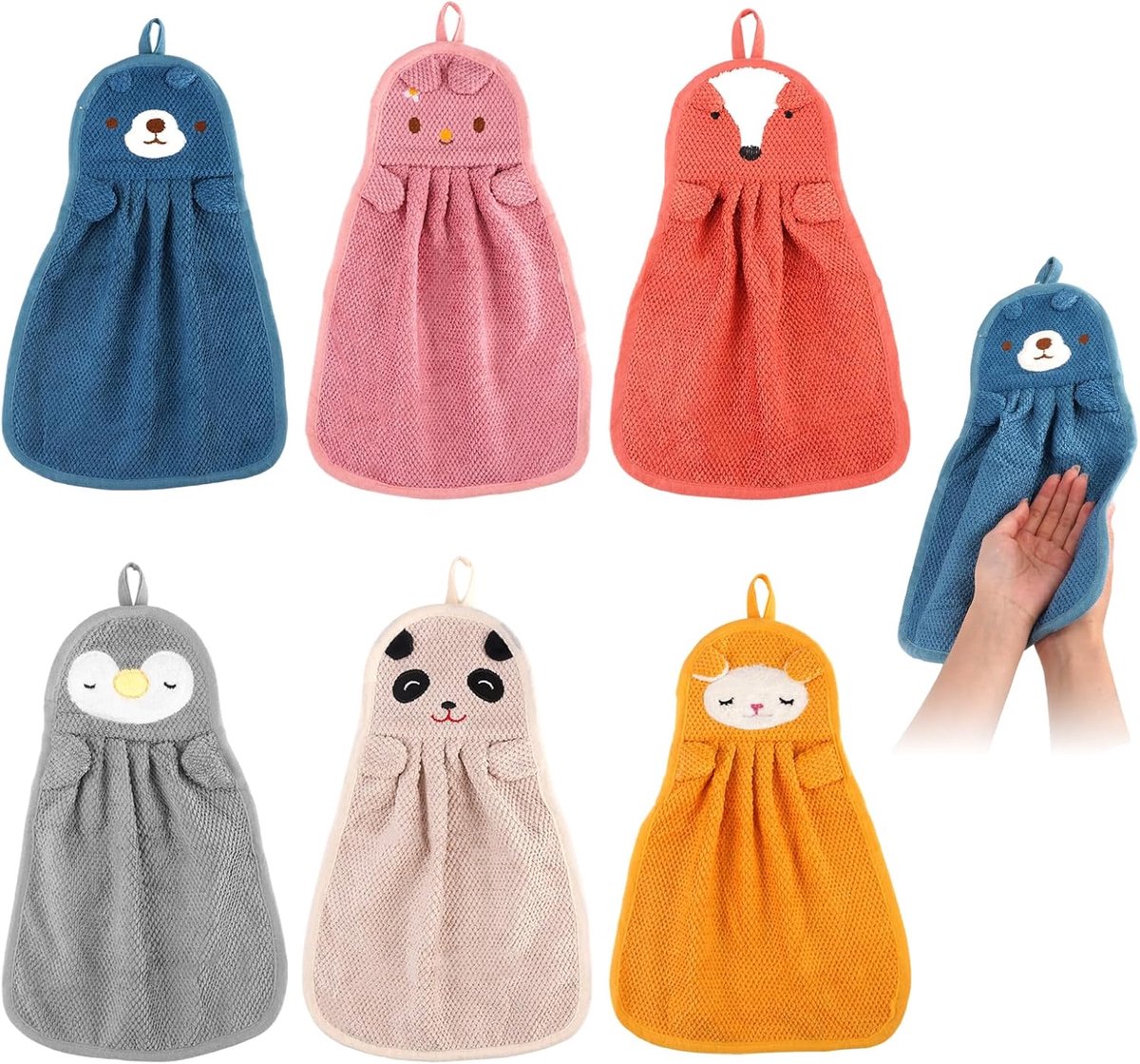 SnelShoppen - 6-Delige Set Schattige Dierentowels met Lussen voor Ophangen, Kindertowels voor Badderen, Handwassen en Schoonmaken, Zacht Microfiber, M