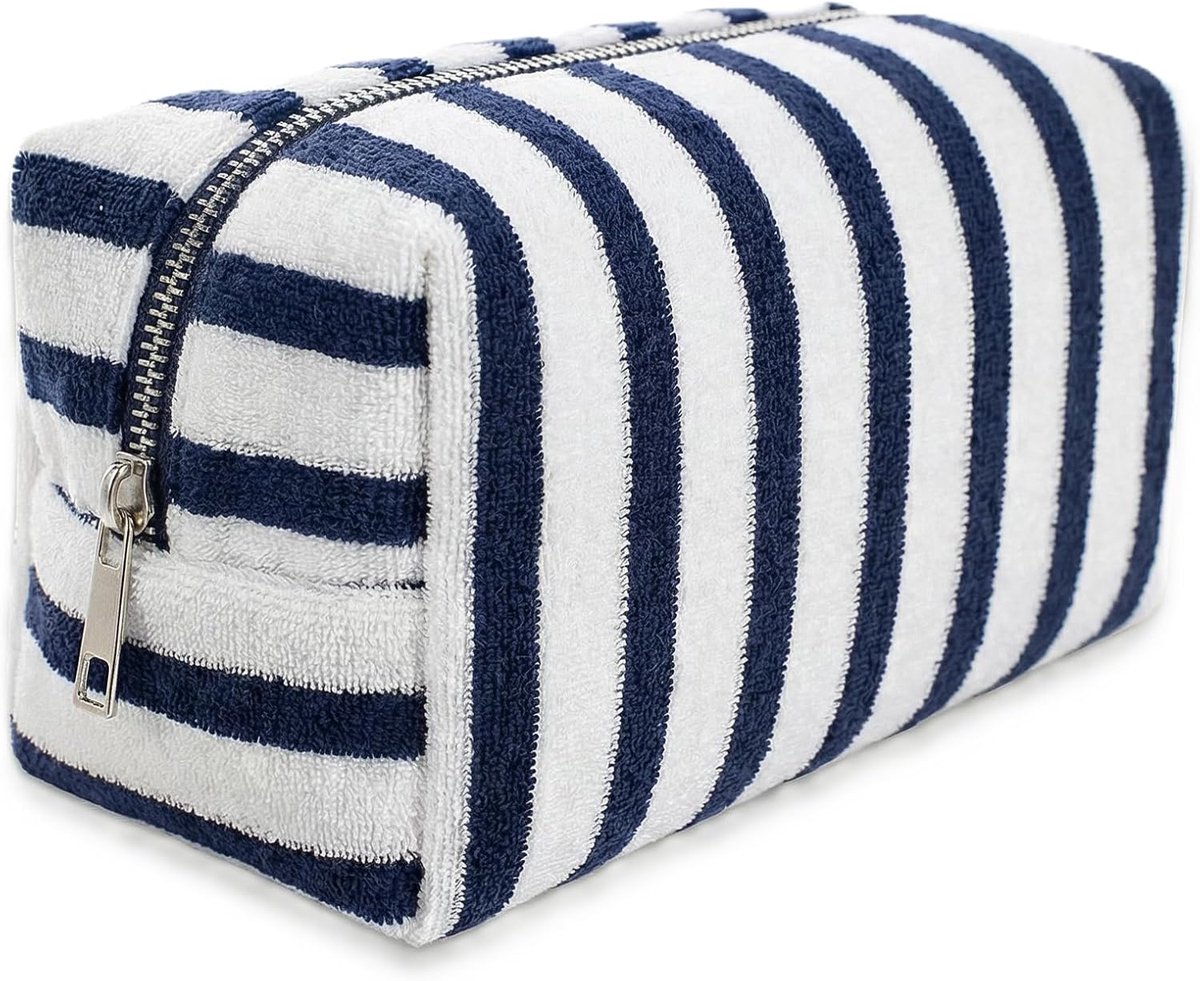 SnelShoppen - Grote Gestreepte Cosmetica Tas voor Vrouwen, Lichtgewicht Toilettas, Reisorganizer voor Makeup & Huidverzorging, Navy/Wit, Minimalistisc