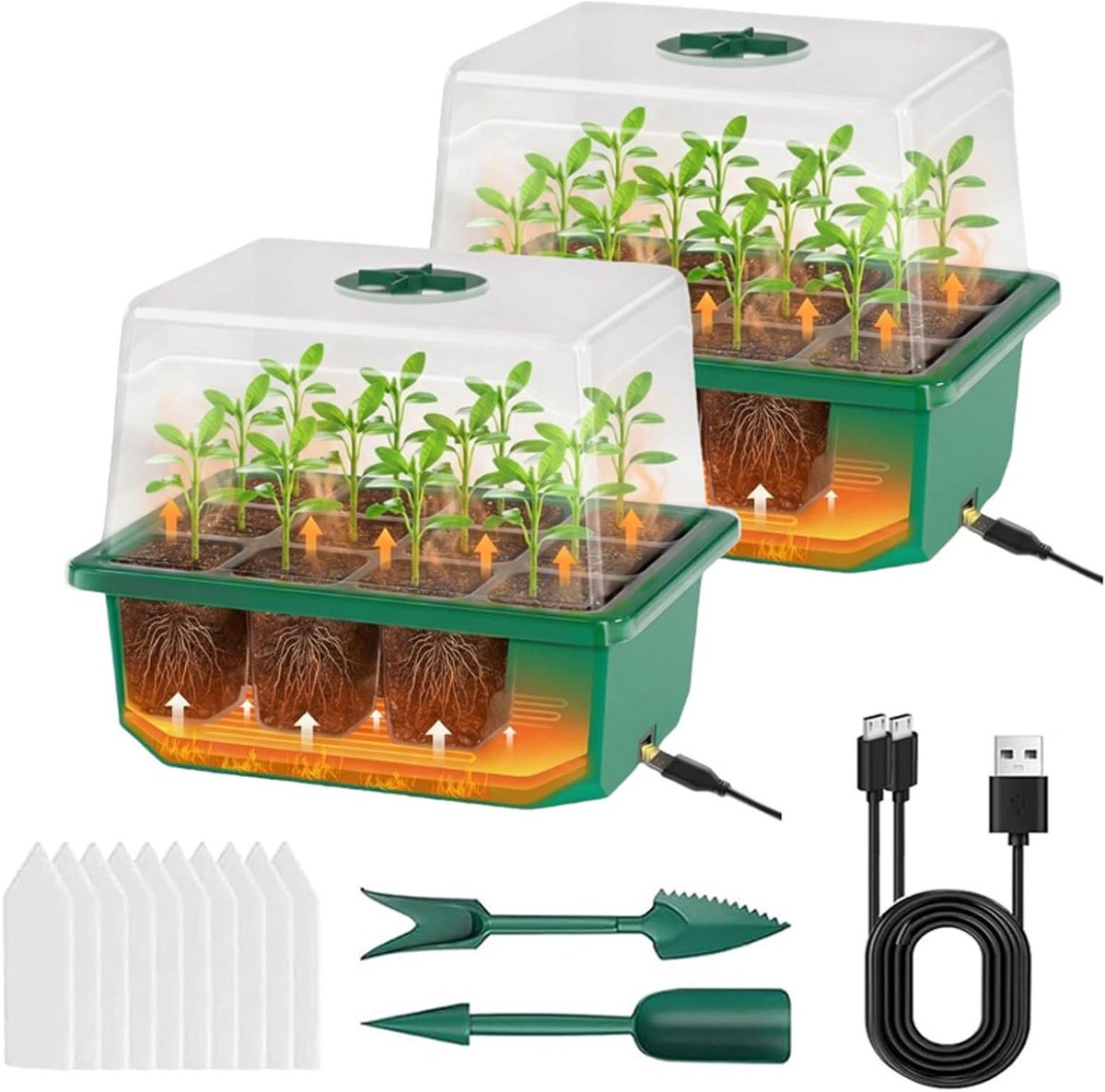 Set van 2 automatische bodemverwarmde zaaibakken voor optimale plantengroei - herbruikbare kweekmachines met verhoogde deksels voor zaailingen en kweekstation