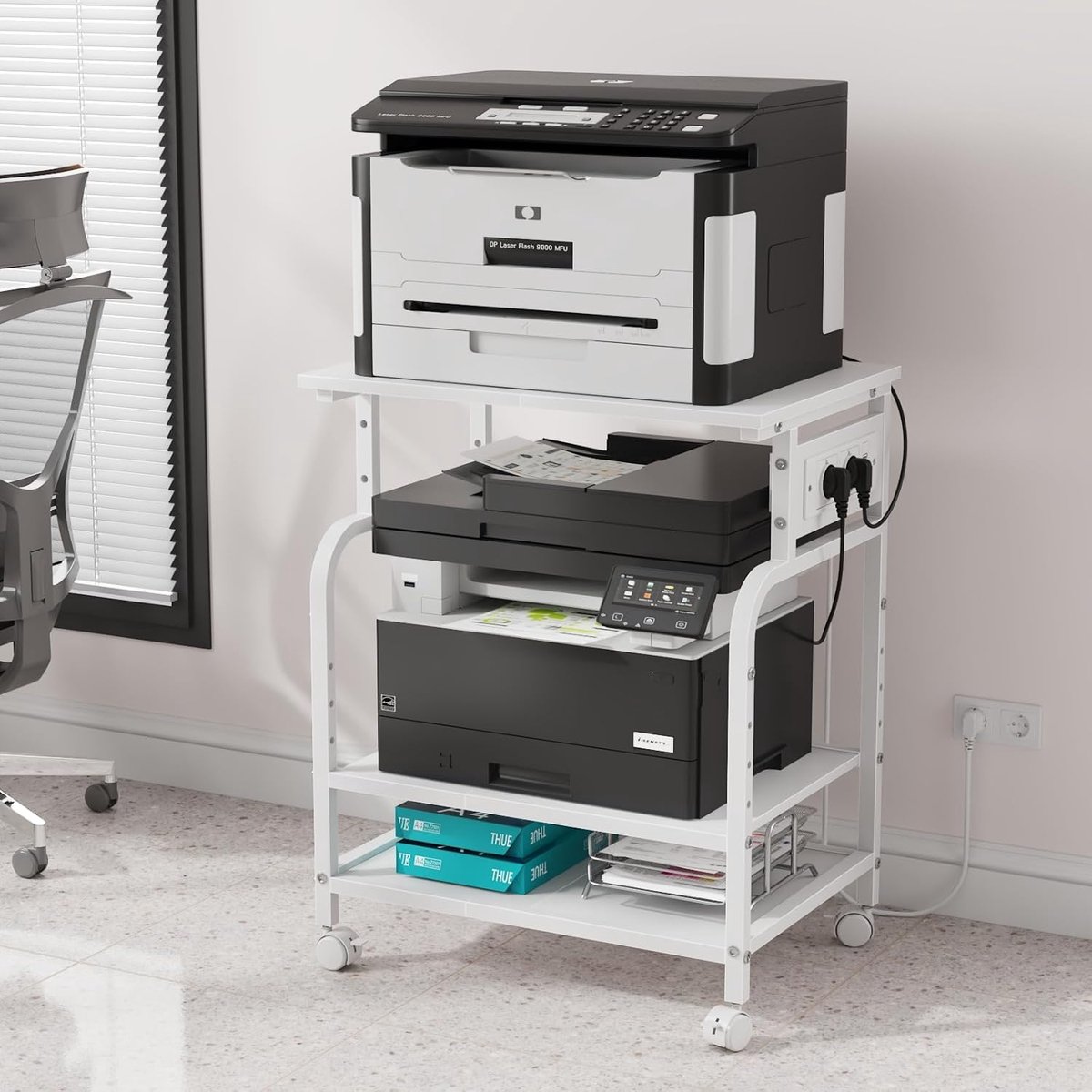 SnelShoppen - Printertafel met Stopcontact en USB-C, 3 Verstelbare Planken, Mobiel met Remwielen voor 3D-printer & Laserprinter, Multifunctioneel Wit,