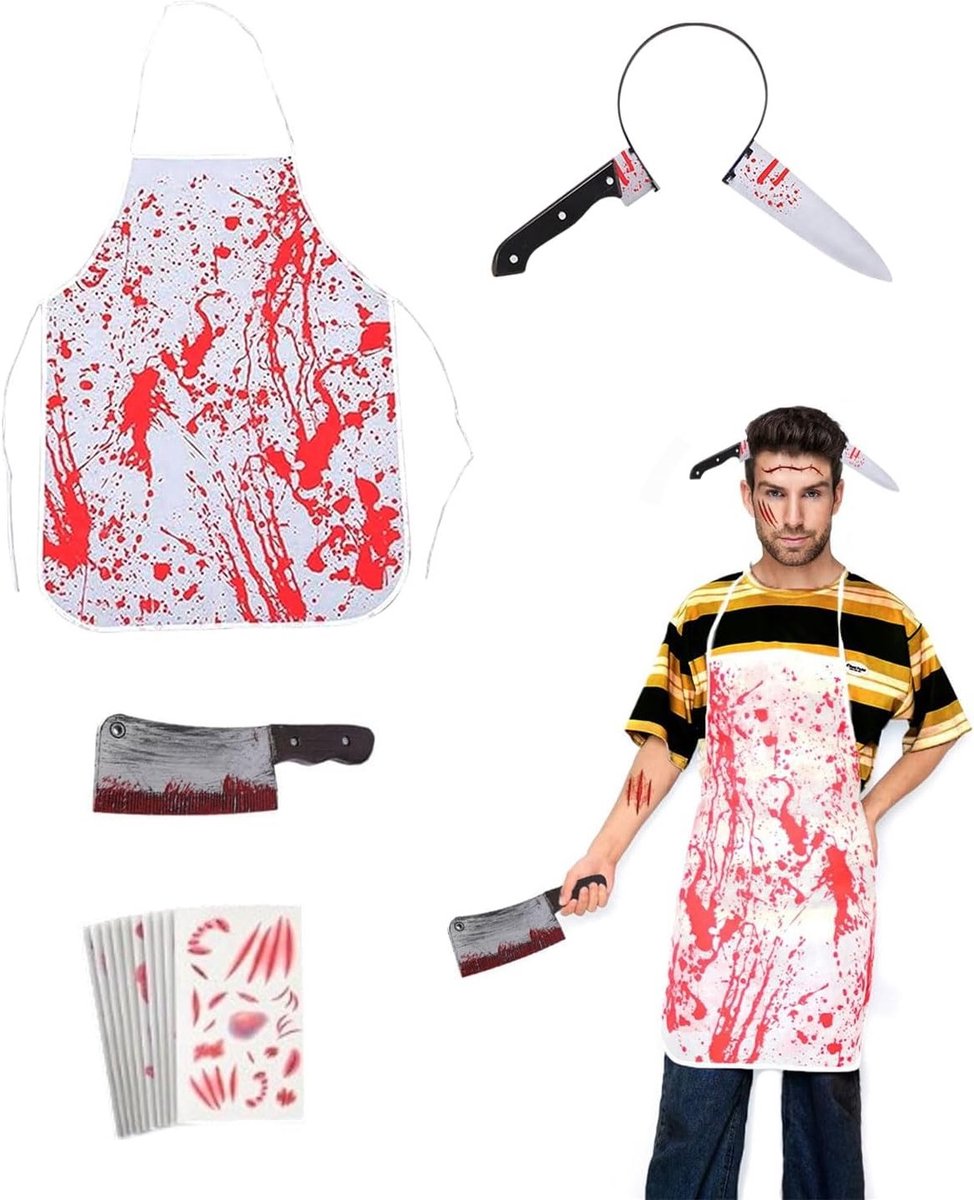 Carnaval Kostuum voor Mannen, Slagers Outfit met Vleesmes Hoofdband, Bloedige Schort en Tattoo Stickers voor Feest en Cosplay