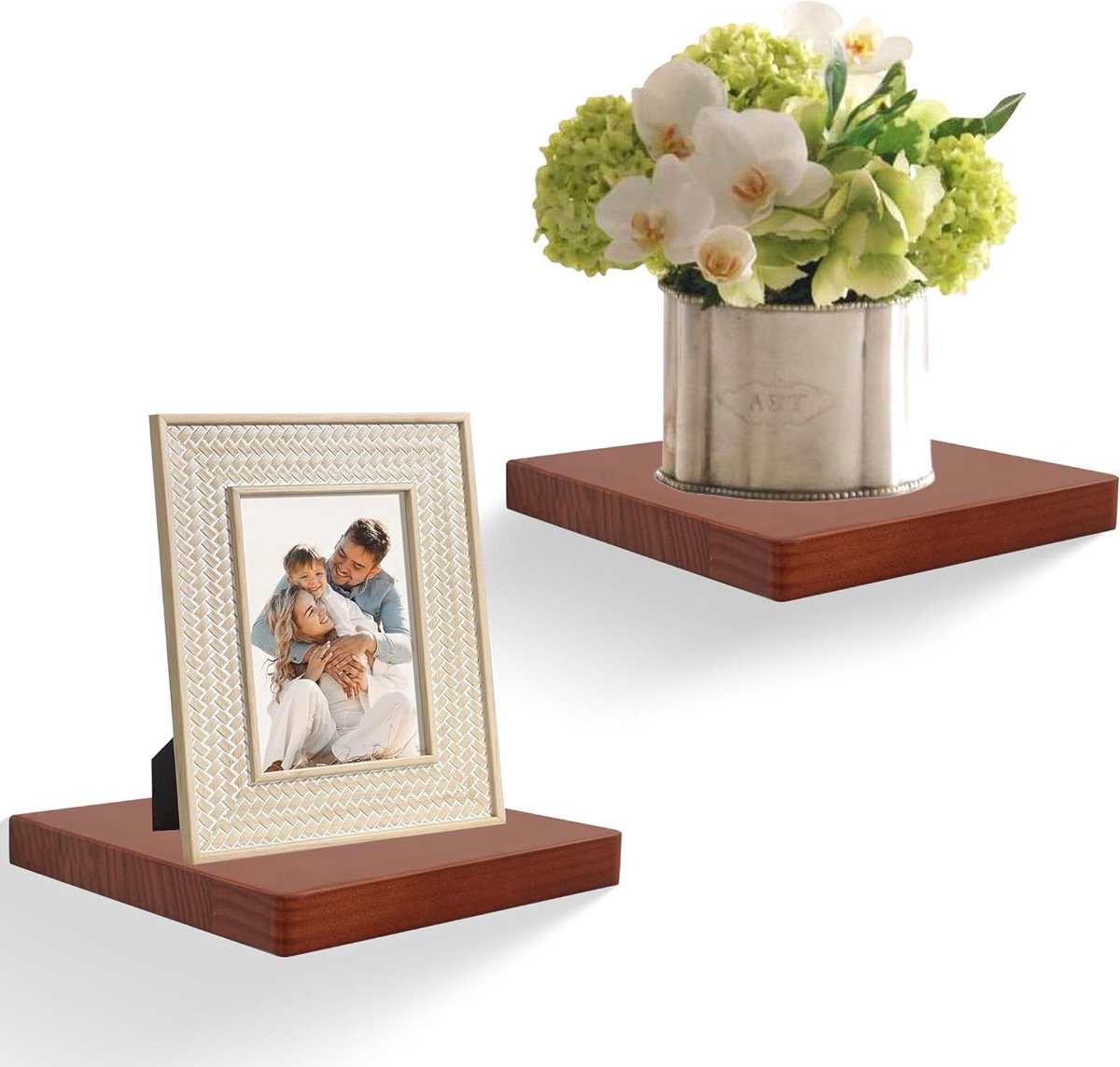 Set van 2 zwevende wandplanken van massief hout, 20,3 cm, decoratieve planken voor badkamer, slaapkamer en woonkamer – Donker walnoot kleur