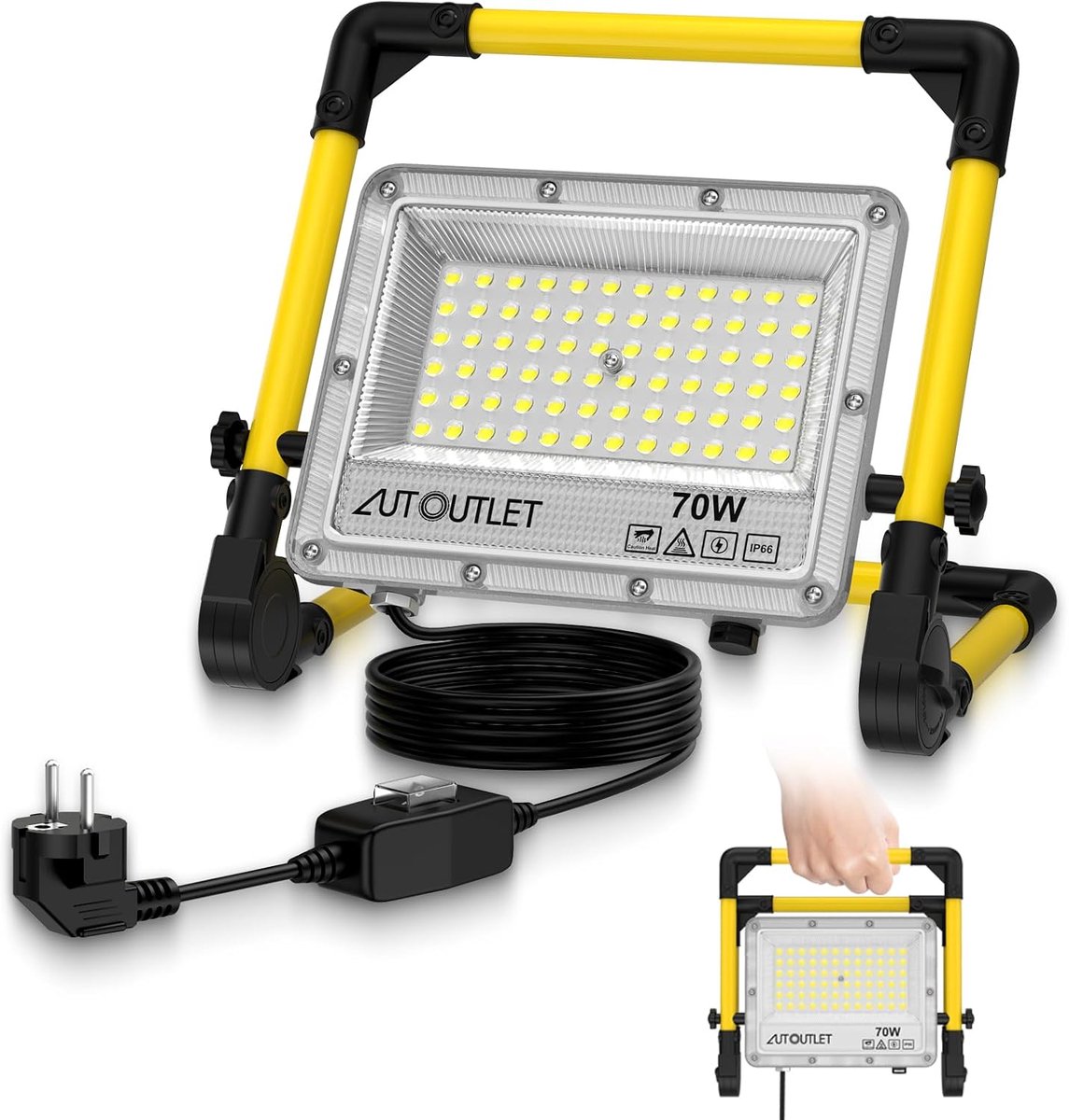 SnelShoppen - 70W LED Bouwspot 6500LM Bouwplaatslamp met 3M Kabel & IP66 Waterdicht | Draagbare Werklamp met 72 LEDs voor Garage, Werkplaats, Bouwplaa
