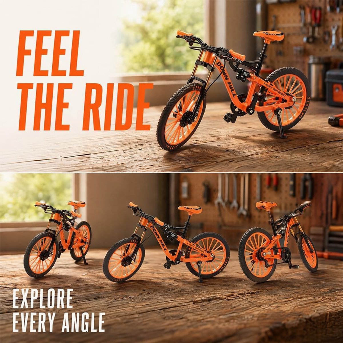 SnelShoppen - Miniatuur Fiets Speelgoed 1:10 - Oranje Vingermountainbike - Decoratief Verzamelobject voor Kinderen - Thuis, Kantoor en Clubs