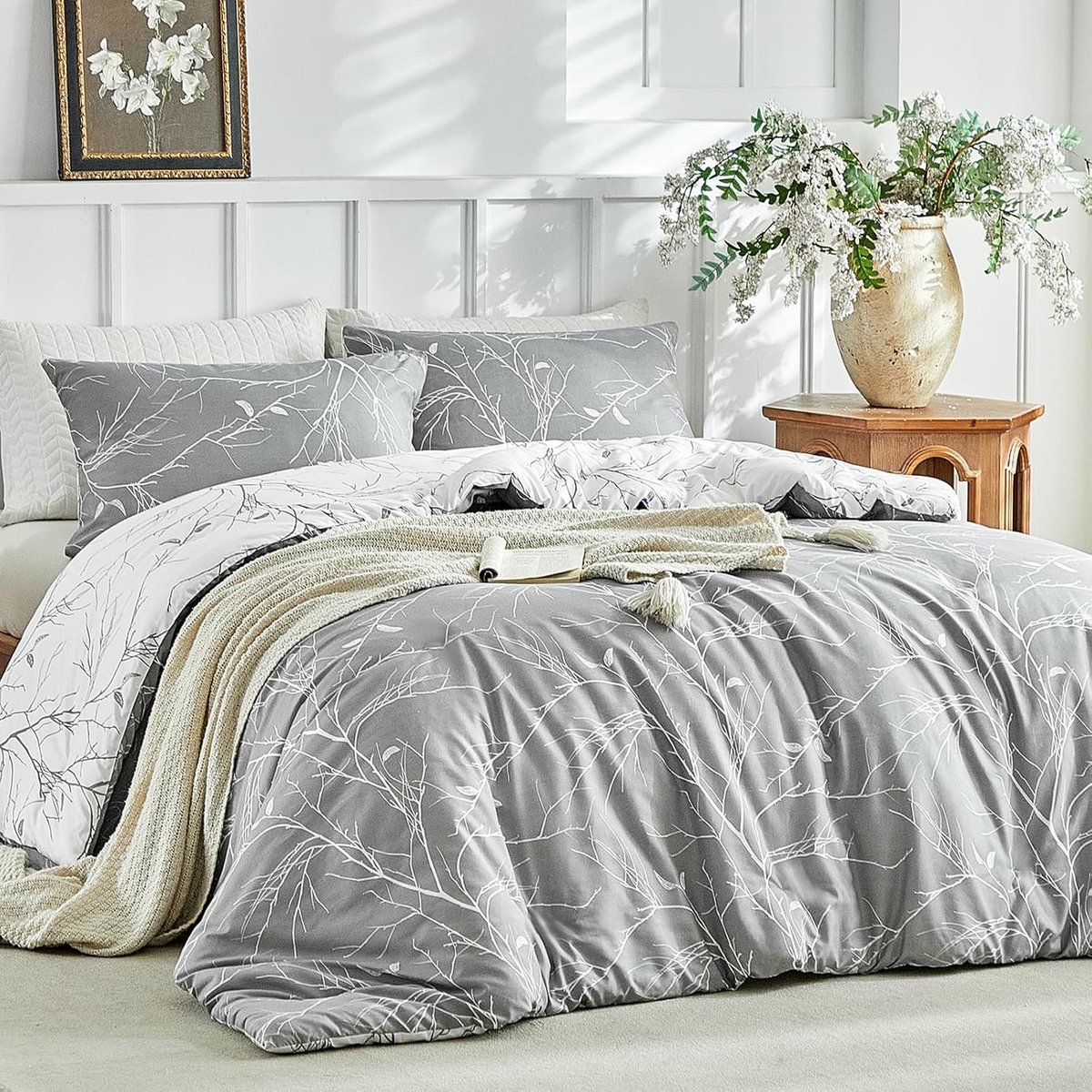 SnelShoppen - Duvet Cover Set 200x200 cm met 2 Kussenslopen 65x65 cm - Grijs Wit - Dubbelzijdig Takkenpatroon - 100% Microfiber met Rits - Perfect voo