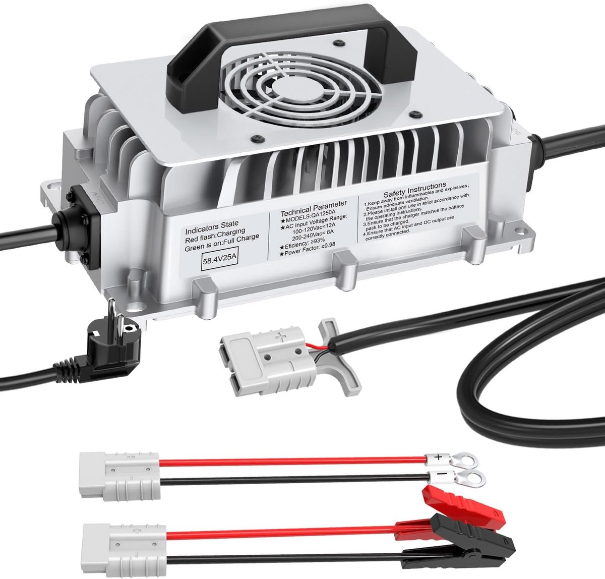 SnelShoppen - 58.4V 25A LiFePO4 Oplader voor 48V Lithium Ijzerfosfaat Batterij, Snellader met Beveiliging, Ideaal voor Elektrische Voertuigen en Huish