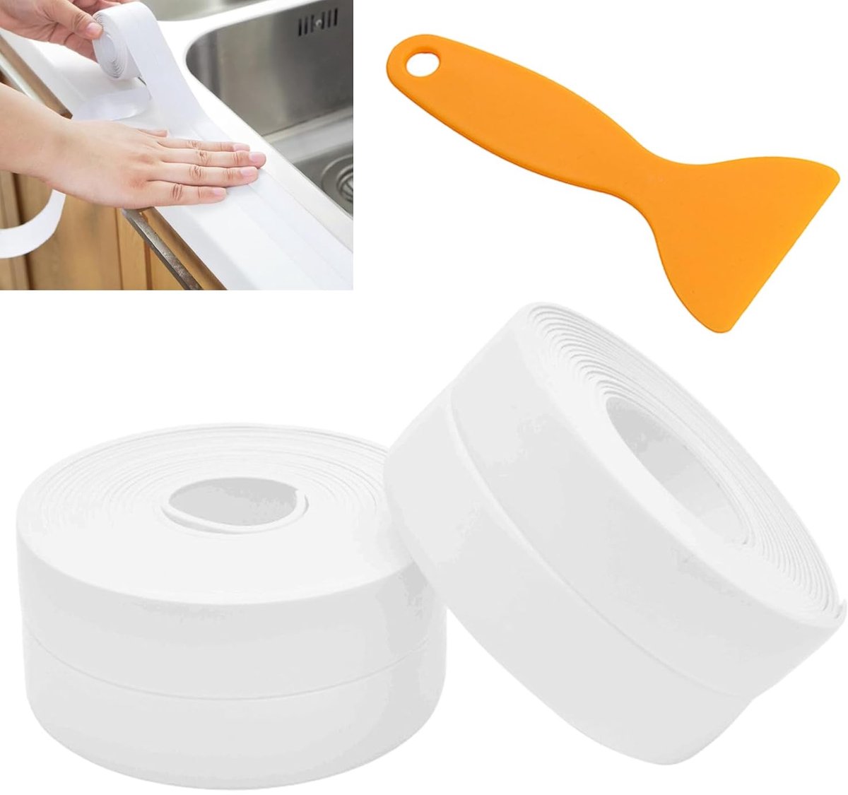 SnelShoppen - 2 Rollen Zelfklevende Afplakband 3.2m x 2.2cm, PVC Waterdichte Plakstrip voor Keuken, Badkamer, Toilet en Wandbekleding (Wit)