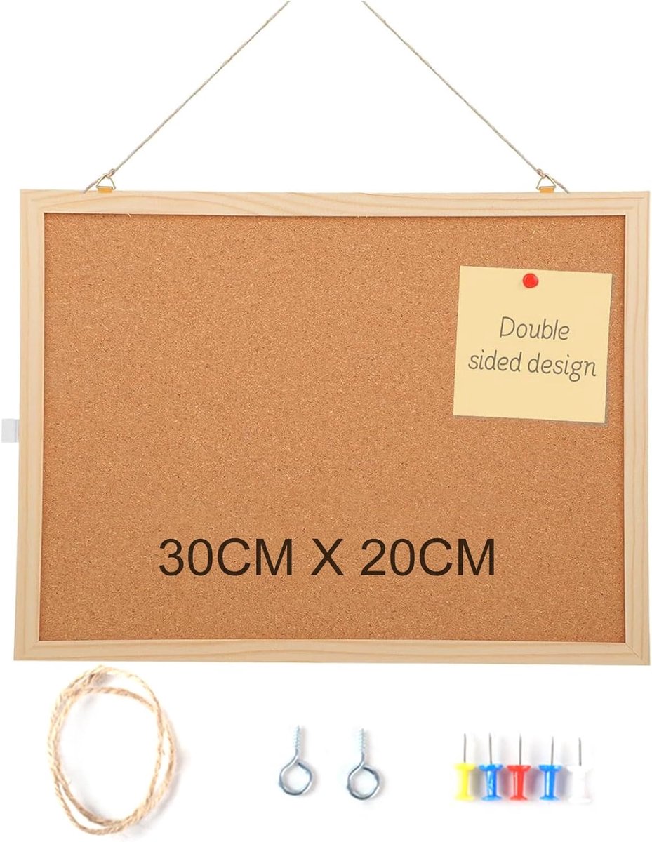 Thijox - Prikbord Kurk 20 x 30 cm met Houten Frame, Ideaal voor Kantoor, School, Slaapkamer en Thuis, Inclusief 5 Spelden, Bruin Kurkbord voor Notitie