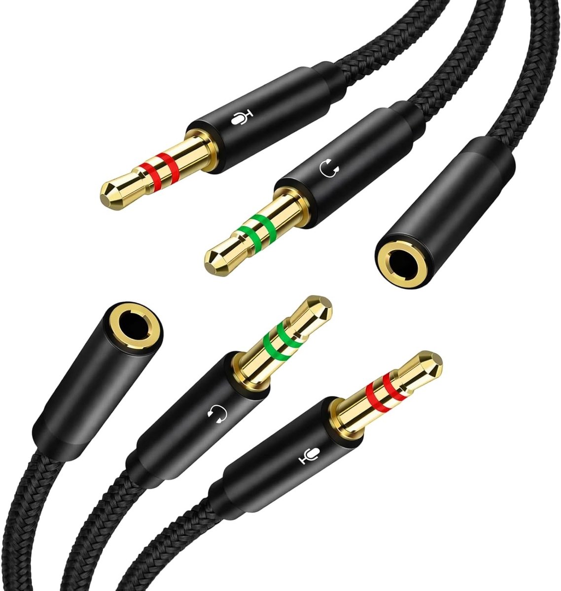 Audio Splitter Y Adapter 1 naar 2 Jacks, 35cm 3.5mm Y Splitter voor Hoofdtelefoon en Microfoon, Geschikt voor PC, Laptop en Gaming Headsets
