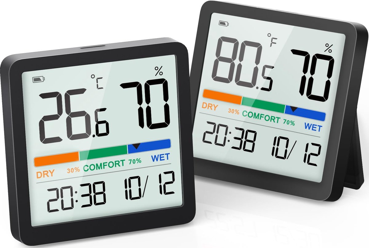 SnelShoppen - Digitale Binnen Thermometer Hygrometer - Temperatuur en Vochtigheidsmeter met Klok - Compact Zwart - Perfect voor Woonkamer, Keuken, Kan
