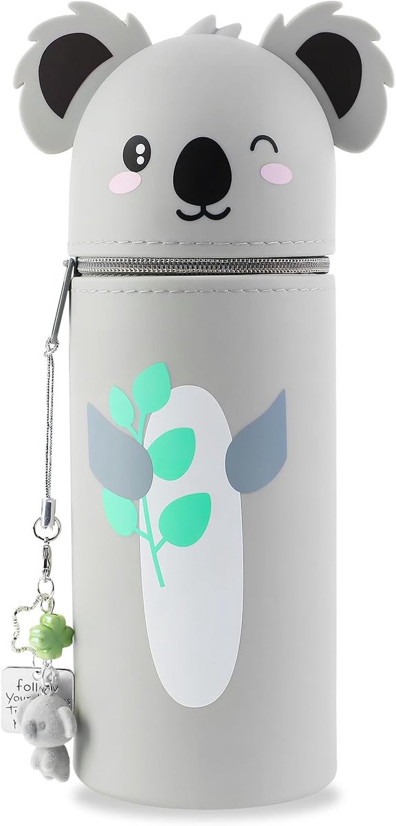 SnelShoppen - Retractable Pencil Case 2-in-1, Silicone Pennenhouder, Grijs met Koala Bladeren, Duurzaam en Makkelijk Schoon te Maken voor Kinderen, Vo