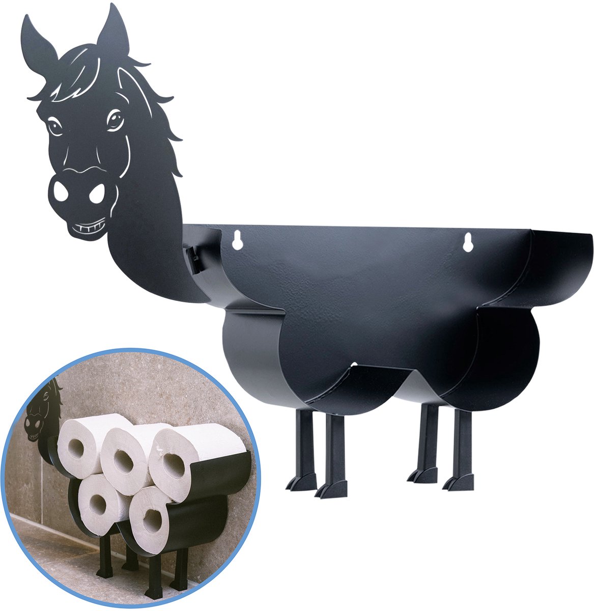 Sanics® Reserverolhouder Paard – Vrijstaand & Ophangbaar – WC Papier houder – Toiletrolhouder Zwart – WC Rolhouder staand 7 Rollen