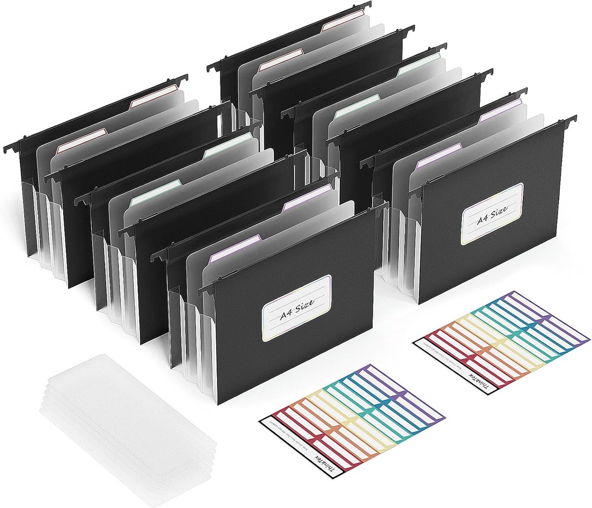 Thijox - A4 Plastic Hangmappen met 12 cm Uitbreidbare Accordeon-Vakken, 6 Stuks voor Organisatie, Documenten, Kantoor, School, Archiveren, Multi-kleur
