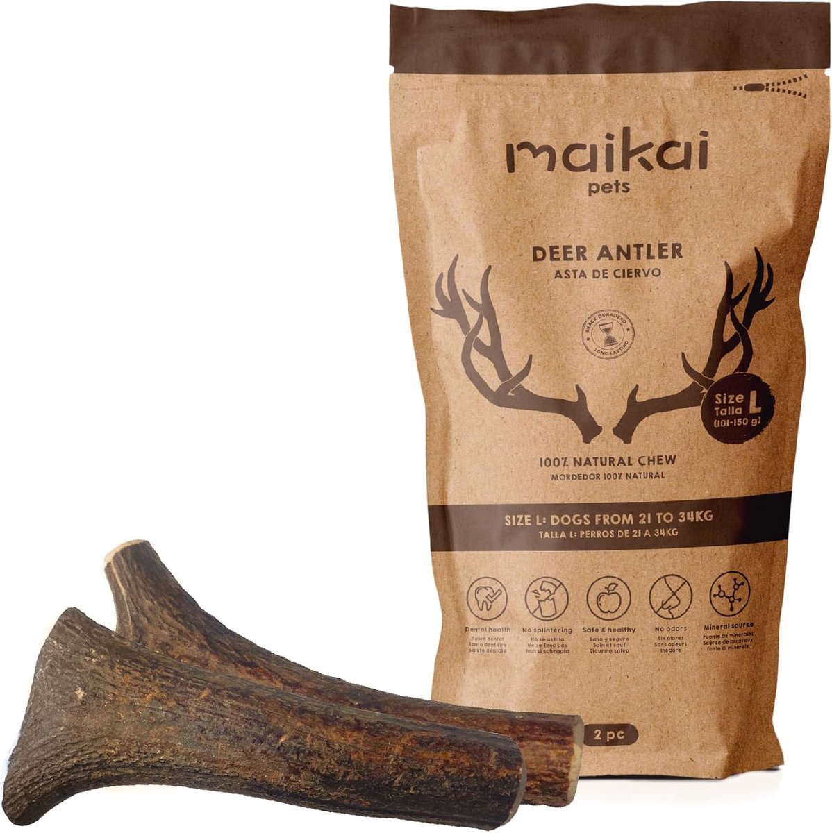 SnelShoppen - MAIKAI Herten Antlers voor Honden, Set van 2, Grote Hond, Staghorn, Indestructible, Natuurlijke Honden Speelgoed, Gezond voor Botten en