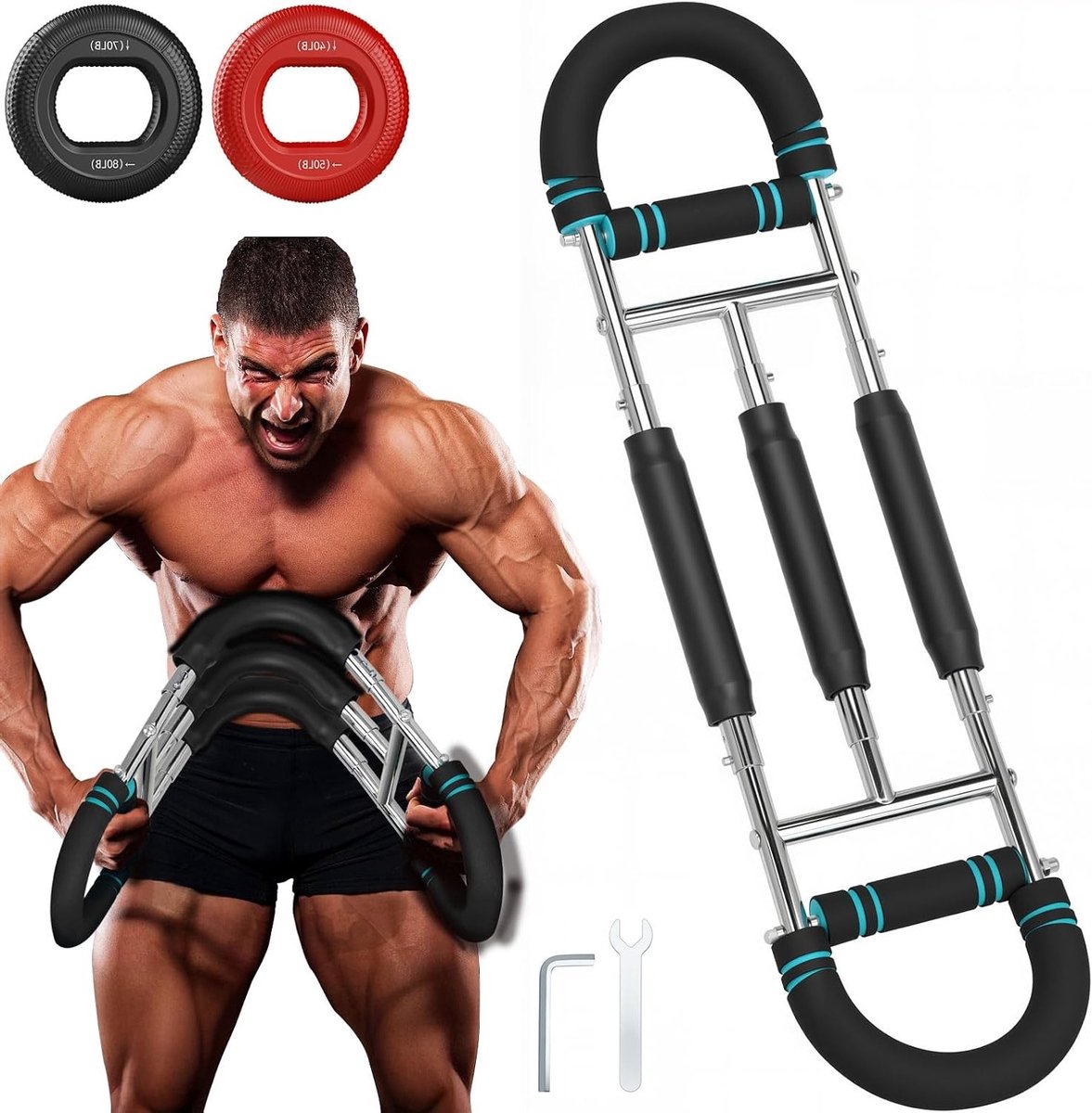 Verstelbare U-vormige Arm Trainer voor Thuisgebruik, Krachttraining voor Borst en Onderarmen (30-50kg), Blauw en Zwart, Duurzame Veer, Sterke Kracht