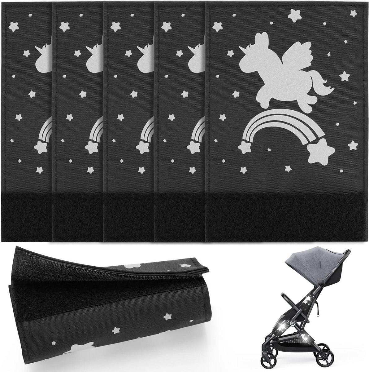 Set van 5 Reflectoren voor Kinderwagens met Bevestiging - Universele Veiligheidsreflectoren voor Kinderwagens, Fietsen en Rugzakken (Zilver), 10 x 15 cm