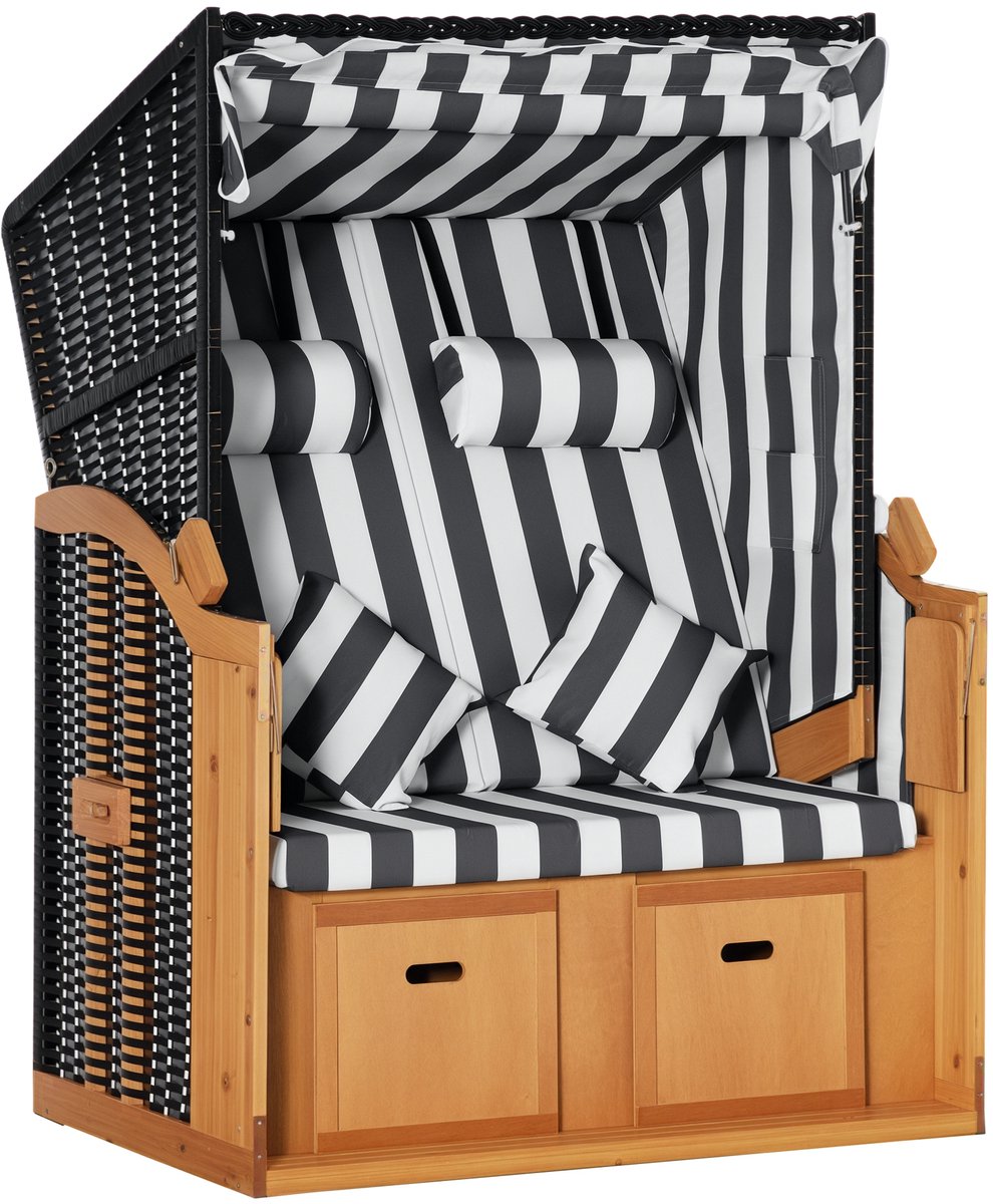 2-Persoons Strandstoel met Verstelbare Rugleuning & Opbergvakken – Houten Frame, PE-Rattan, UV-Bestendig, Inklapbaar Zonnescherm voor Tuin & Terras