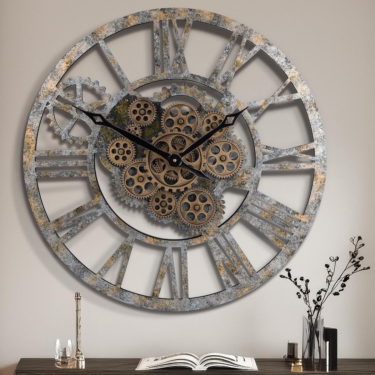 Vintage Wandklok 57cm met Beweegbare Tandwielen, Shabby Chic Hout, Industrieel Steampunk XXL Decoratie voor Keuken, Woonkamer en Bar