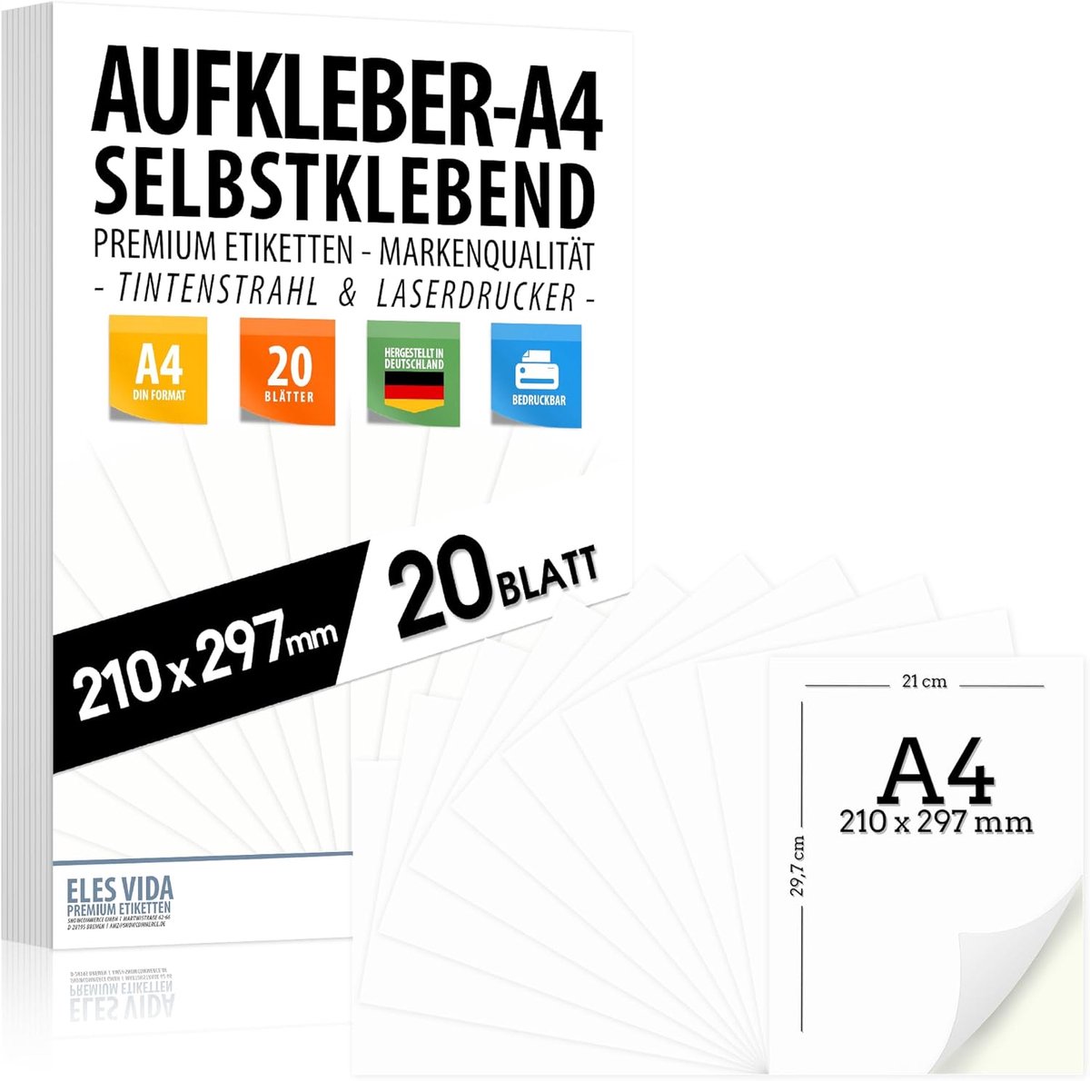SnelShoppen - A4 Labels 210 x 297 mm - 20 Stuks - Universeel Printbaar - Matte Witte Sticker - Geschikt voor Inkjet en Laser Printers - Voor Handgesch