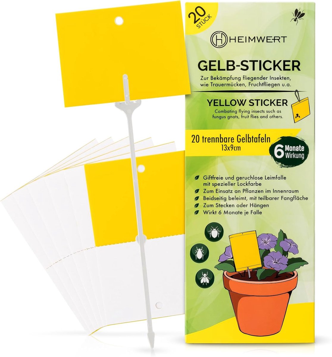 SnelShoppen - XXL Gele Plakstickers Tegen Vliegende Insecten, 6 Maanden Effectief, 20 Grondstaken en 20 Touwtjes voor Tuin en Binnenhuis, Ideaal tegen