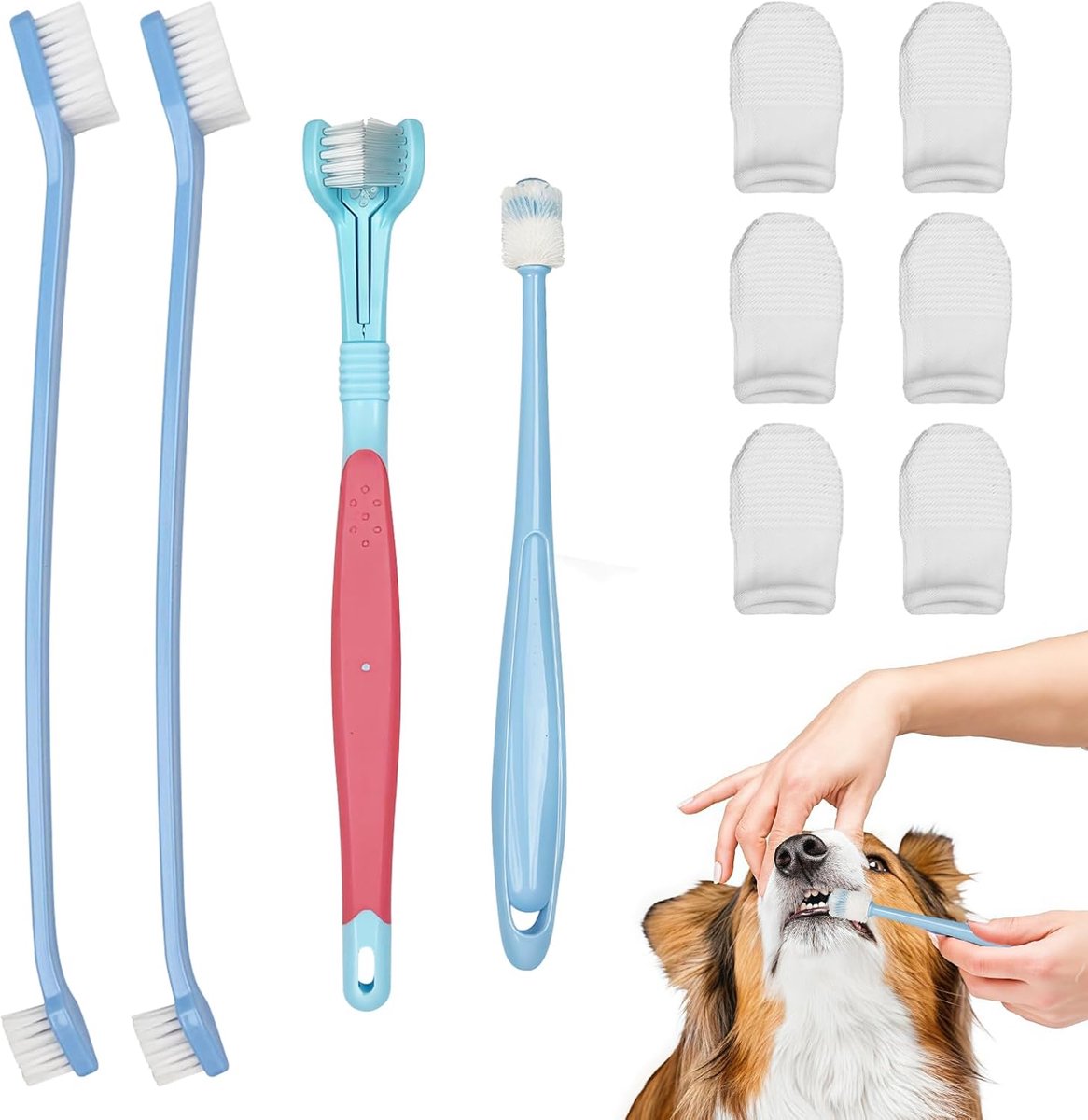 SnelShoppen - 10-delige Hondentandenborstel Set, 6 Vingerborstels, 1 Drievoudige, 2 Dubbele en 1 Ronde Tandenborstel - Compleet Mondverzorgingspakket