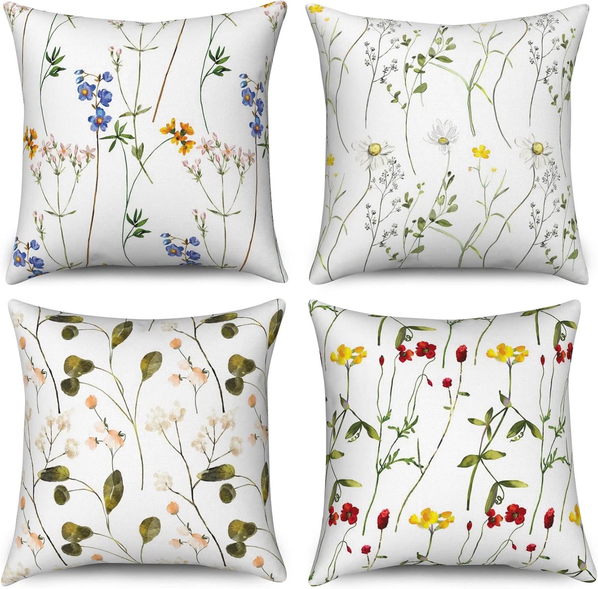 SnelShoppen - Set van 4 Kussenhoezen 40x40cm Bloem Motief Kleurvolle Wilde Bloemen Groen Blad Botanisch Decoratief voor Sofa Tuin Buiten Thuis Decor