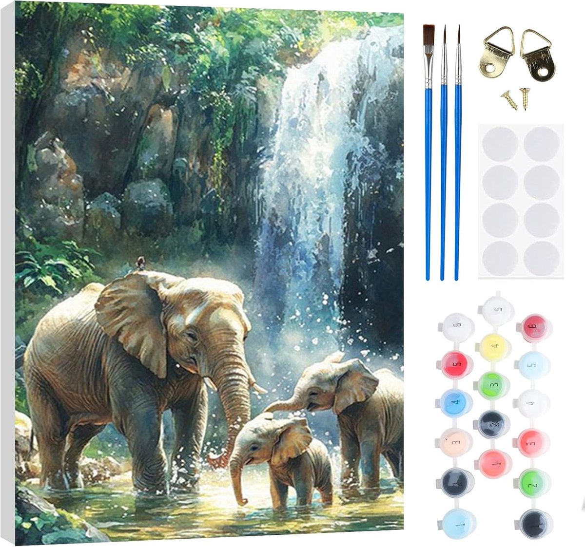 SnelShoppen - Olifant Schilderen op Nummer voor Volwassenen en Kinderen, DIY Set 20 x 30 cm met Houten Lijst, Olieverf, Kwasten en Magneetjes voor Thu