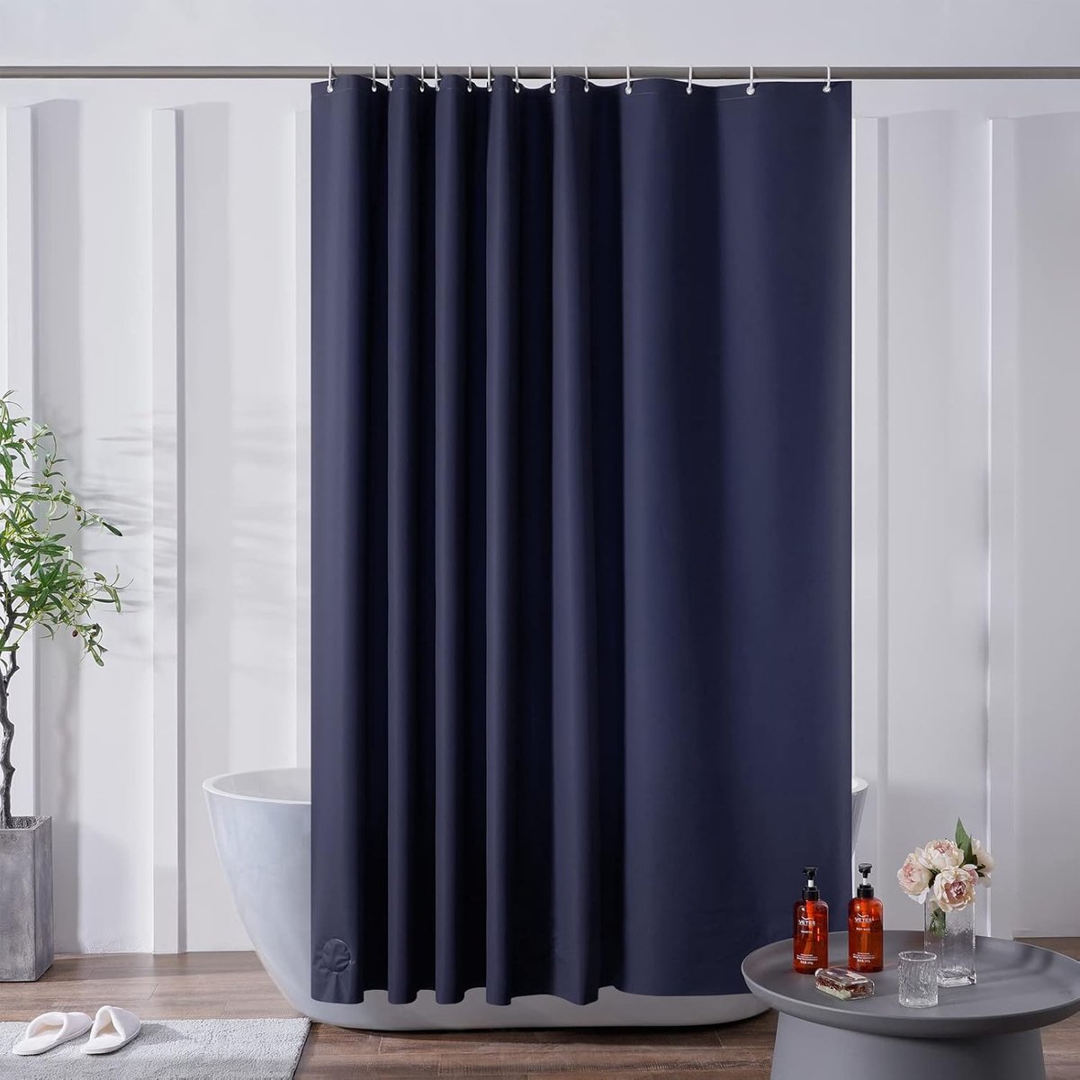 SnelShoppen - Extra Lange Douchegordijn 200x200cm Waterdicht Antimicrobieel EVA Donkerblauw met Stenen - Inclusief 6 Haakjes - Ideaal voor Badkamer en