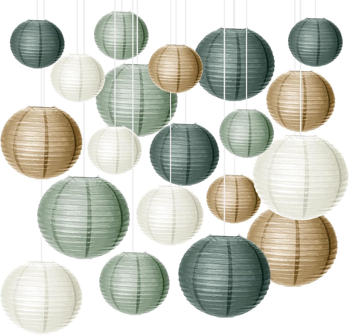 SnelShoppen - Set van 20 Papieren Lantaarns Sage Green - Ronde Lampionnen voor Feest, Bruiloft, Tuinfeest - Natuurlijke Rijstpapier Decoratie 15/20/25