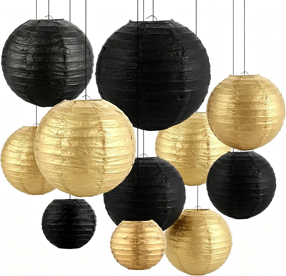 SnelShoppen - Set van 16 Zwarte Gouden Papieren Lantaarns 10-25 cm Rond voor Feesten, Bruiloften, Verjaardagen en Evenementen Decoratie