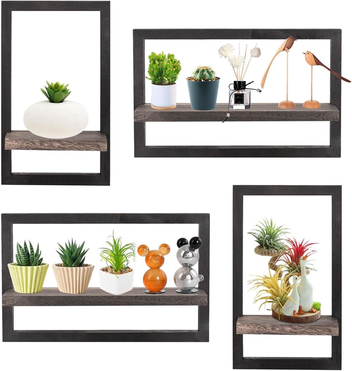 SnelShoppen - Set van 4 Vierkante Drijvende Planken Wanddecoratie Houten Opbergrekken Badkamer Woonkamer Keuken Zwart