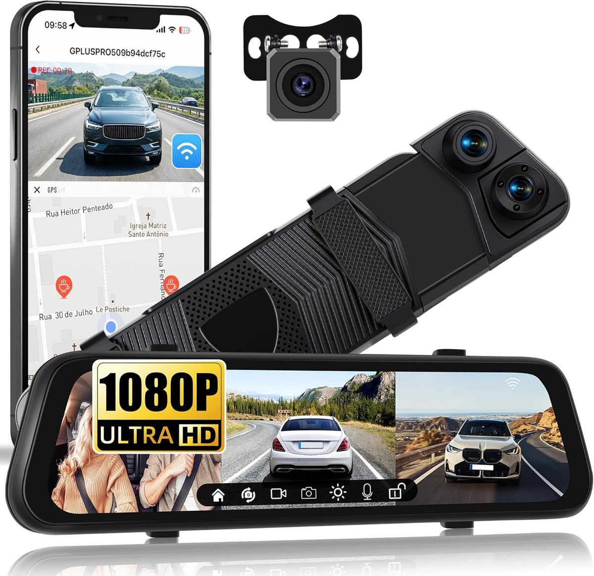 SnelShoppen - 1080P 3-Kanaals Spiegel Dashcam met WiFi en App - 9.66 Inch HD Touch Screen, 1080p + 2 x 720p, Loop Recording, Nachtzicht, G-Sensor, Ach