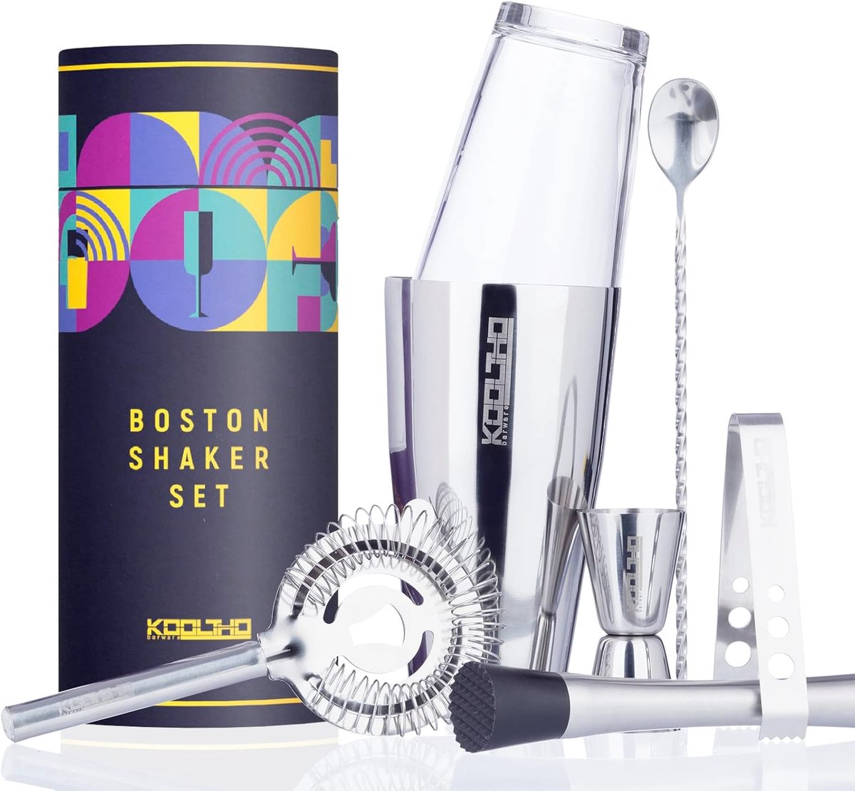 SnelShoppen - Cocktail Shaker Set Boston Professioneel 6-delig - RVS Cocktailshaker 800ml + Mixglas 500ml + Hawthorne Strainer + Jigger + Bar Lepel +