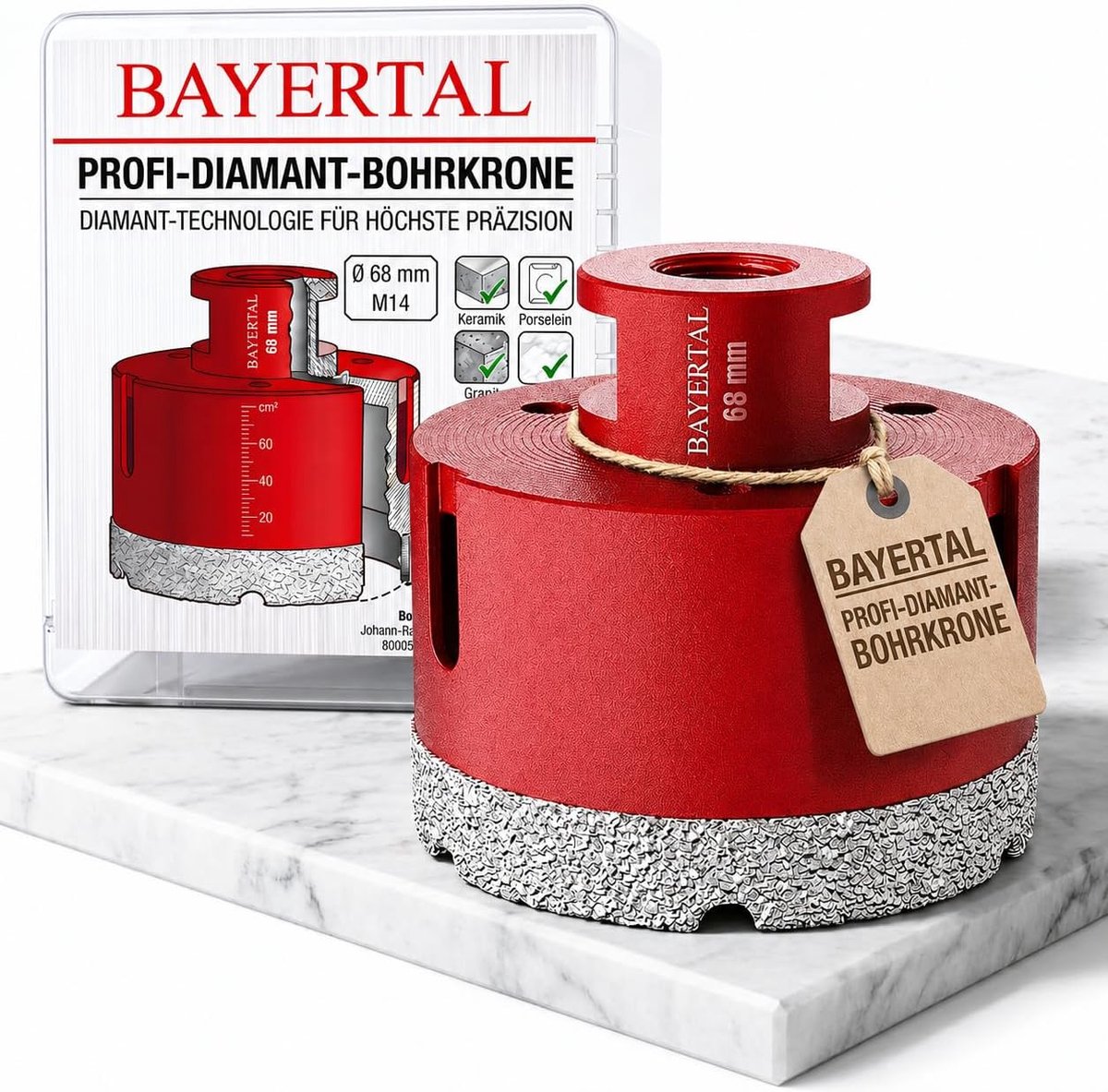SnelShoppen - Diamond boor 68 mm x M14 – Boor voor hard tegels – Gatenzaag voor porselein, keramiek, marmer, graniet, tegels, steen – Geschikt voor ha