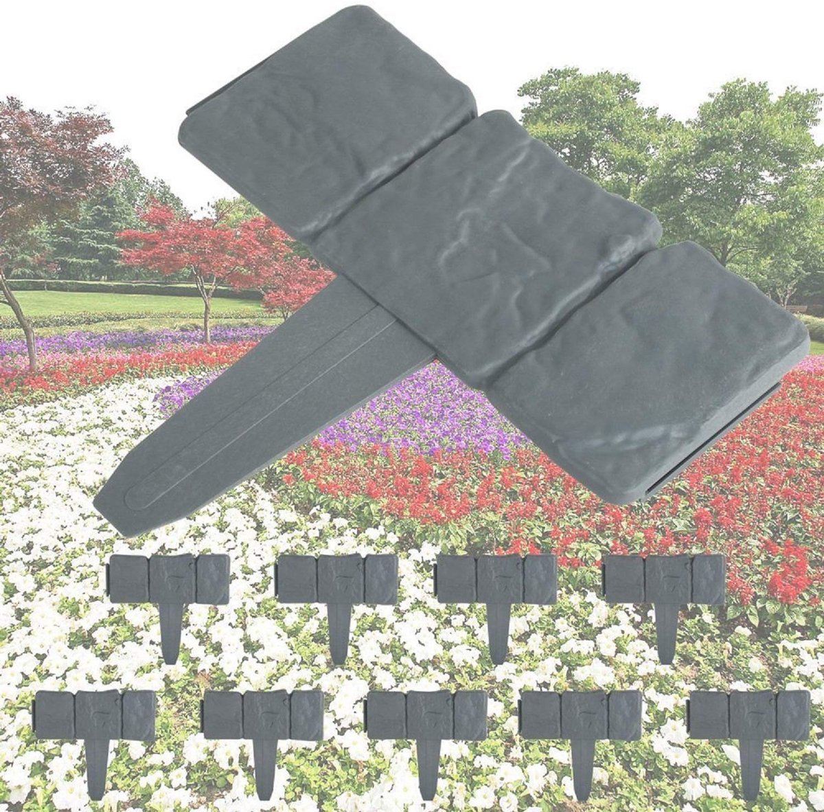 Tuinafscheiding, 2,5 meter hoge gazonafscheiding, schutting met steeneffect, 10-delige set, grijs, 25 cm lang x 23 cm hoog, grijs