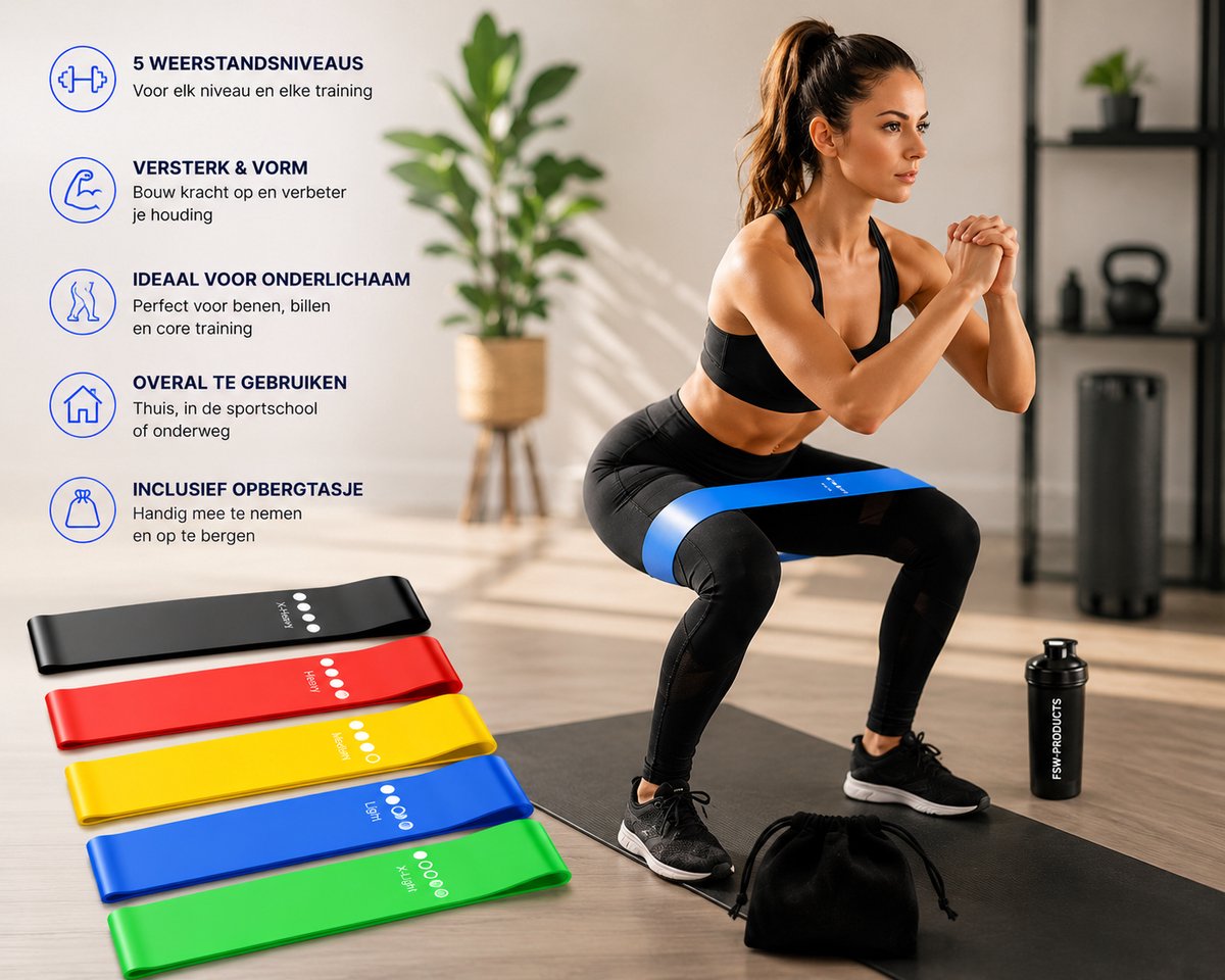 FSW-Products Weerstandsbanden Set 5 Stuks – Fitness Elastieken met 5 Weerstanden – Booty Bands – Inclusief Opbergzak – Voor Krachttraining, Yoga & Revalidatie