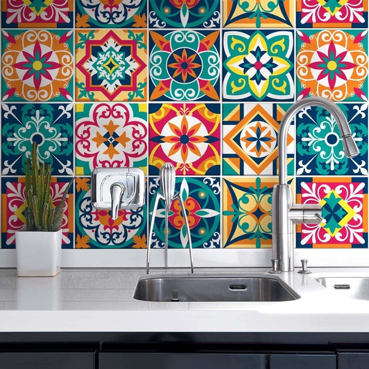 SnelShoppen - 24 Pcs 10x10cm Tegelstickers voor Badkamer en Keuken - Waterbestendige PVC Wanddecoratie in Azulejos Stijl - Makkelijk aan te brengen