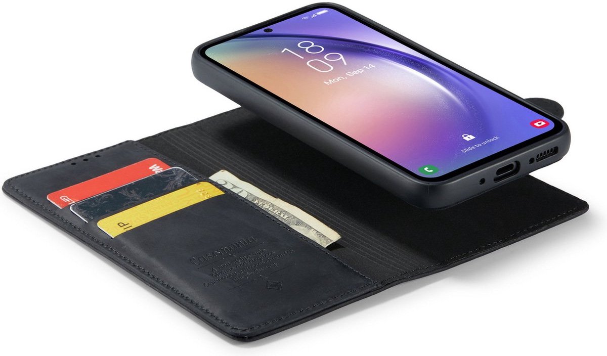 CaseMania Bookcase hoesje geschikt voor Samsung Galaxy A54 - Effen Zwart - Leer - 2-in-1 Magnetisch Uitneembaar Design
