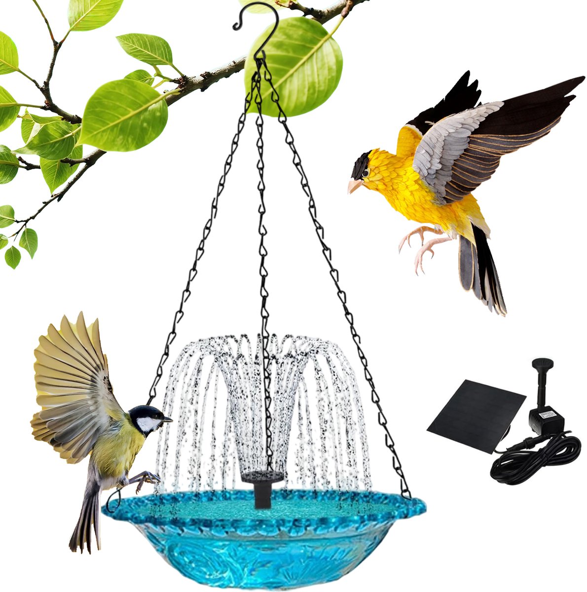 Hangend Vogelbadje met Solar Fontein - Voederbak voor Vgels - Vogeldrinkbak - Ophangketting - 8 sproeiers - Buitendecoratie - Waterfontein - Voor Tuin en Terras