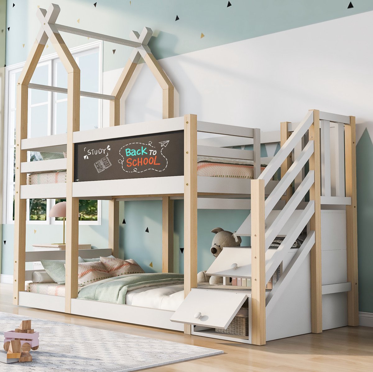 COVREO Stapelbed 90x200 cm - boomhut design, met trapkast, tafel, lades en uitvalbeveiliging