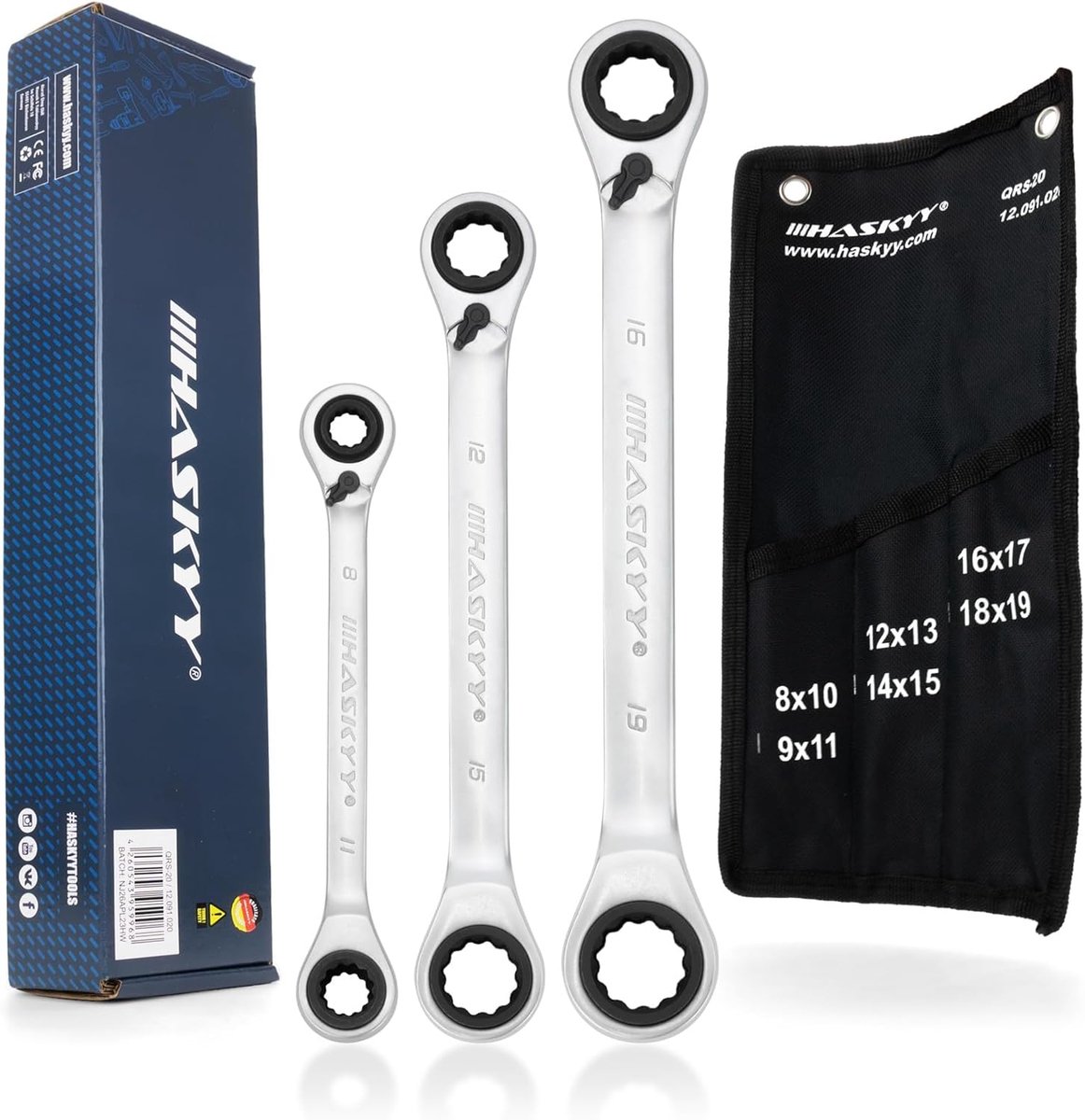 SnelShoppen - 3-delige Dubbele Ring Ratelsleutel Set 8-19mm met Systeemtas | 72 Tanden, Chrome Vanadium, Ideaal voor Klussen, Auto Onderhoud en Doe-He