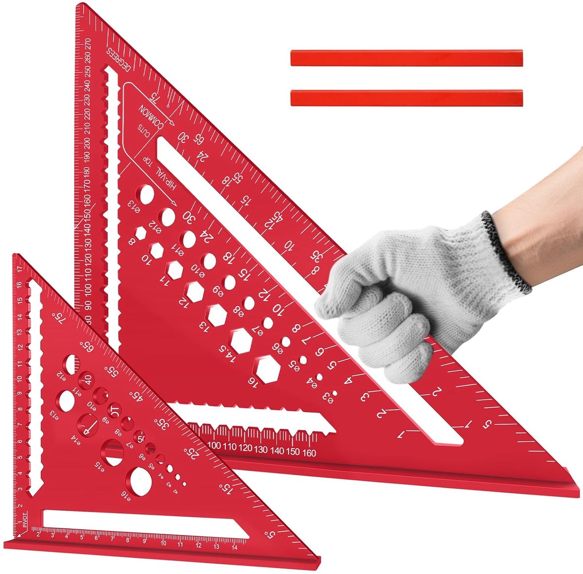 SnelShoppen - 2 Stuks Metalen Hoekmeter Set met 2 Potloden, 18 en 30 cm Triangulaire Liniaal, Aluminium, Voor Meten, Teken, Markeren, Robuust en Duurz