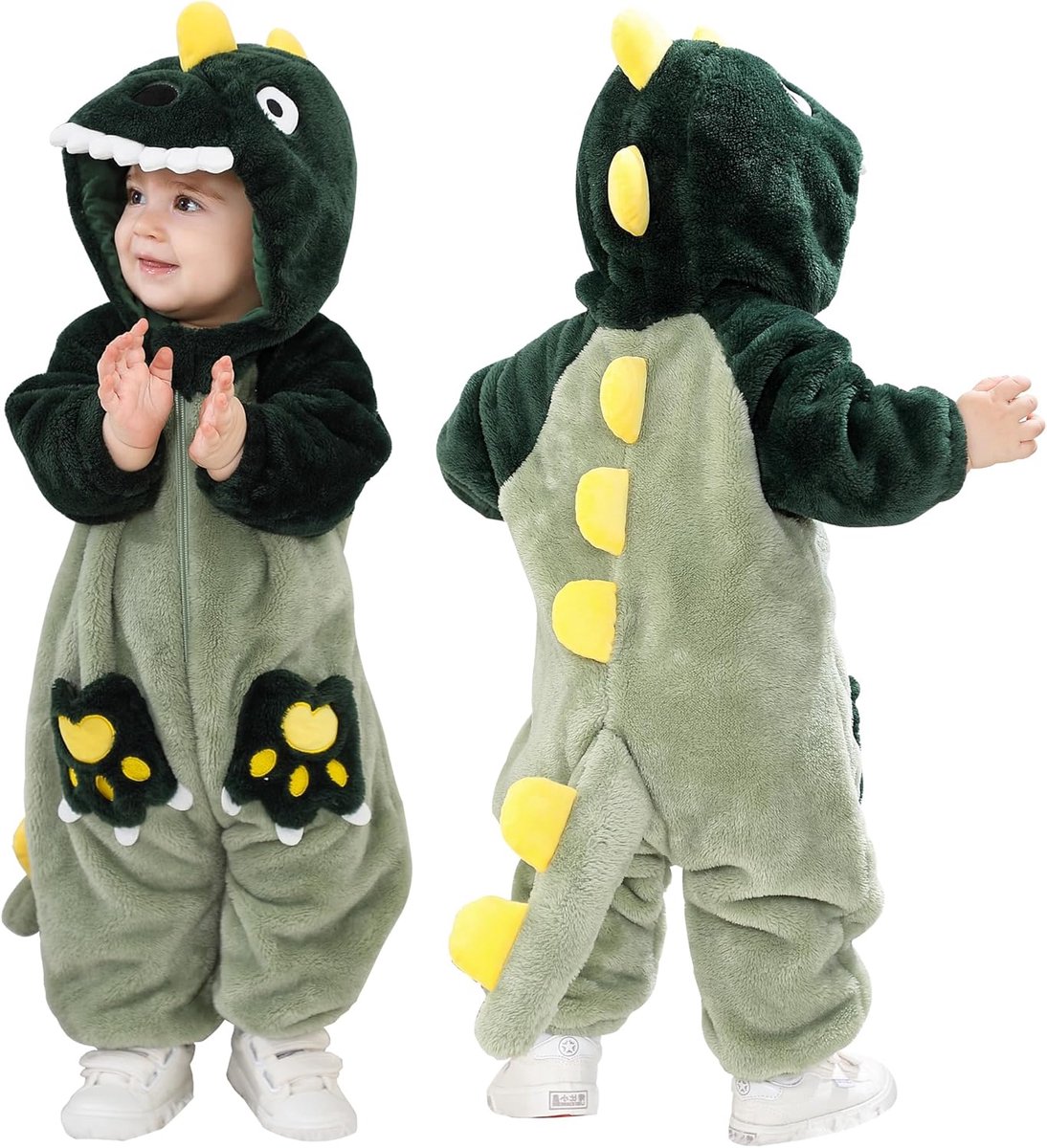 SnelShoppen - Schattige Baby Romper Flanel Dier Hoody Jumpsuit - Groene Dinosaurus - 2-3 Jaar - Perfect voor Halloween en Thuis
