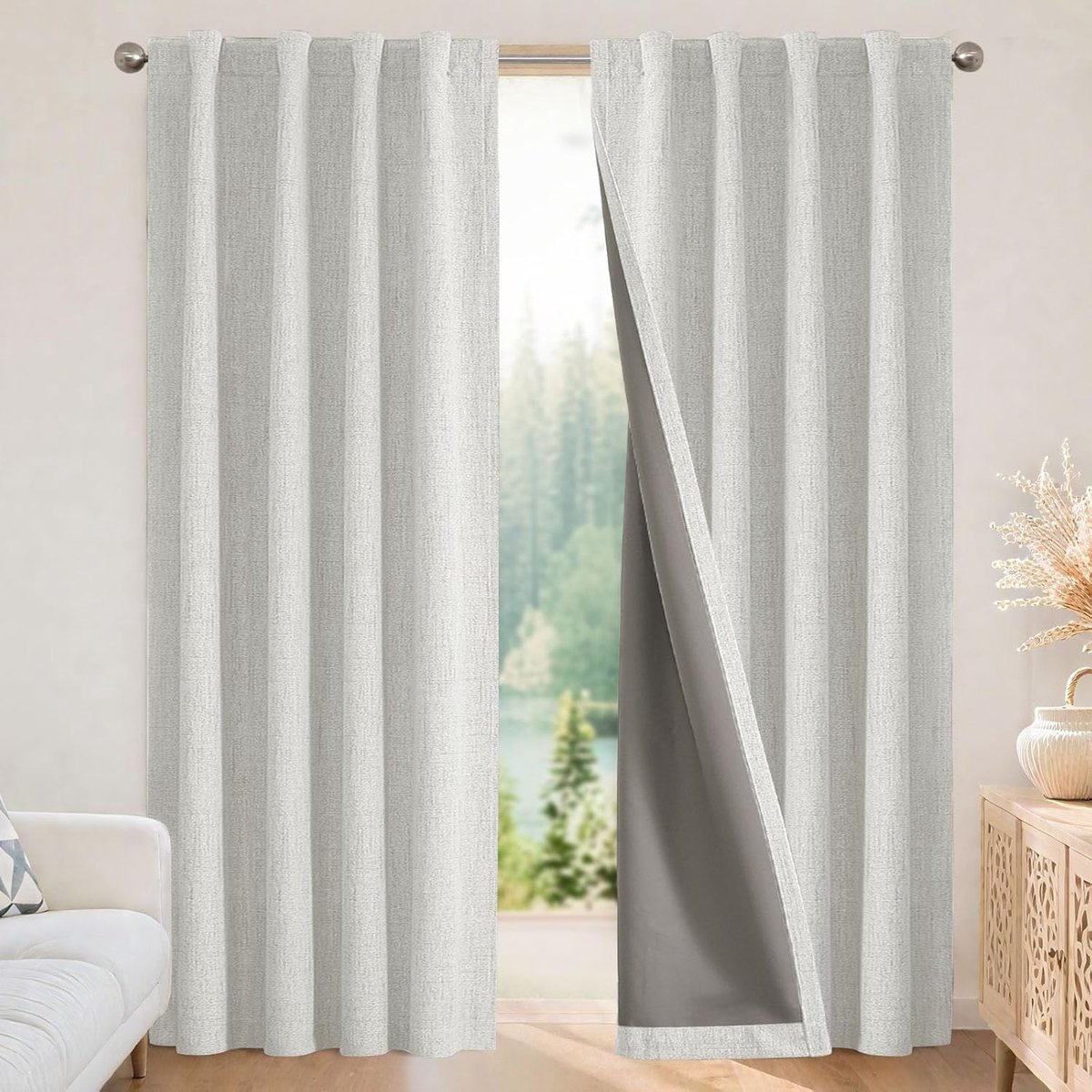 SnelShoppen - 100% Blackout Gordijnen 90 Inch Lang, Natuurlijke Linnen Gordijnen, Set van 2 Panels, Grijs-Wit, Ideaal voor Slaapkamer en Woonkamer