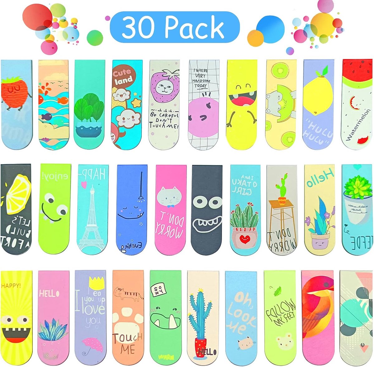 SnelShoppen - 30 Stuks Magnetische Boekenleggers voor Kinderen, Schattige Patronen, Waterbestendig, Duurzaam, 12x2 cm, Perfect voor School en Thuis