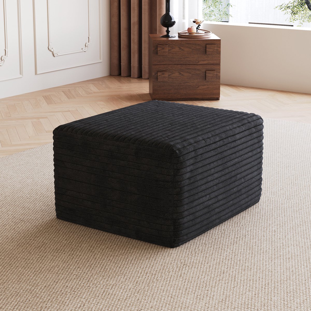 OKWISH Voetenbankje – Zonder Montage – 65 x 60 x 38 cm – Stof Met Corduroystructuur – Zwart – Voor Woonkamer En Slaapkamer