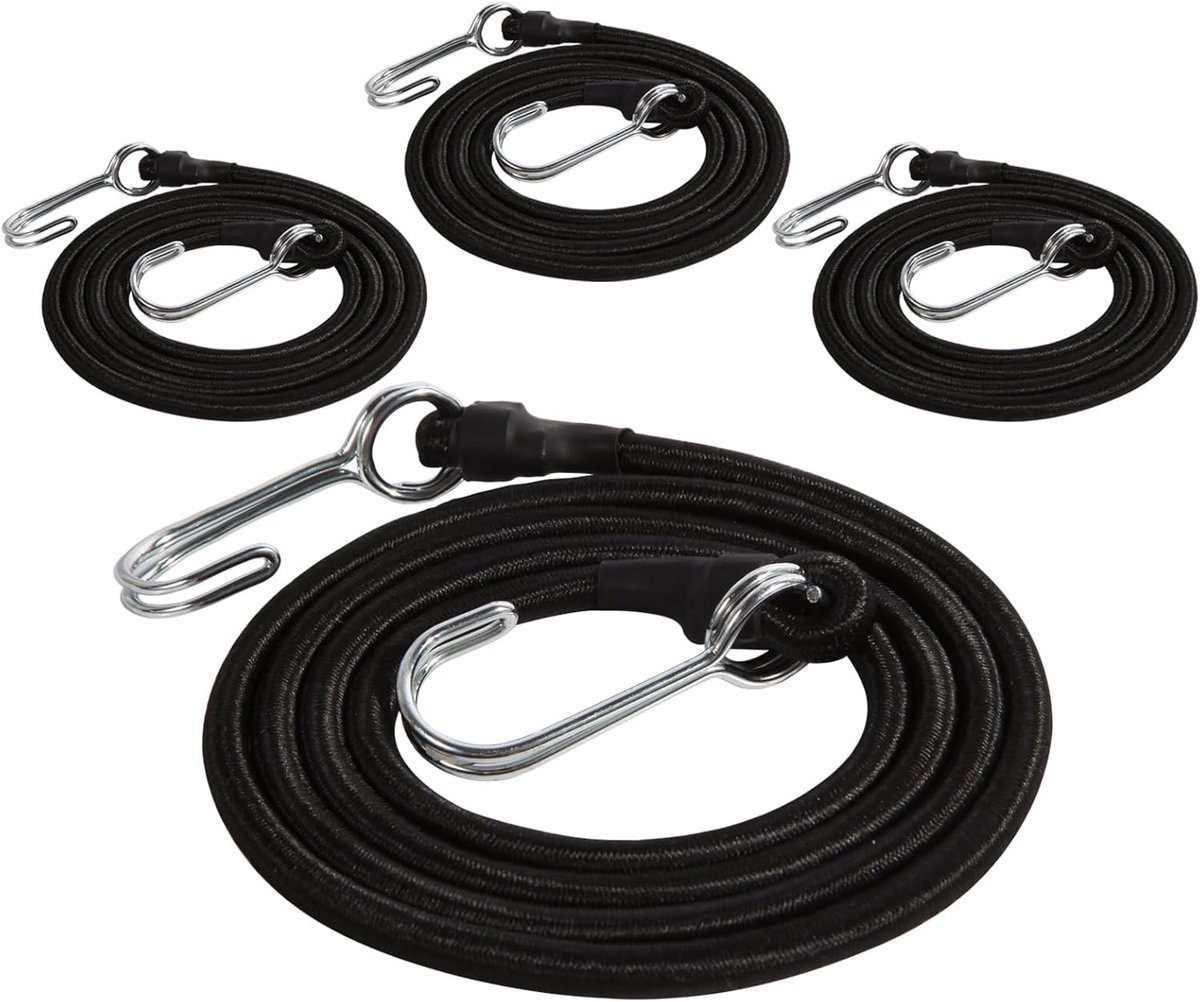 SnelShoppen - 4-delige Spanrubber met Haken, 150 cm Rubberen Bagagespanner voor Steekwagen, Fiets, Motorfiets, Camping - Weerbestendig Zwart